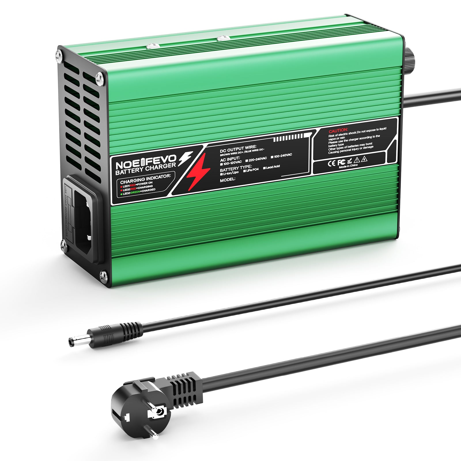 NOEIFEVO 58.8V 3A מטען ליתיום עבור סוללות Li-Ion Lipo 14S 51.8V, מאוורר קירור, כיבוי אוטומטי (ירוק)