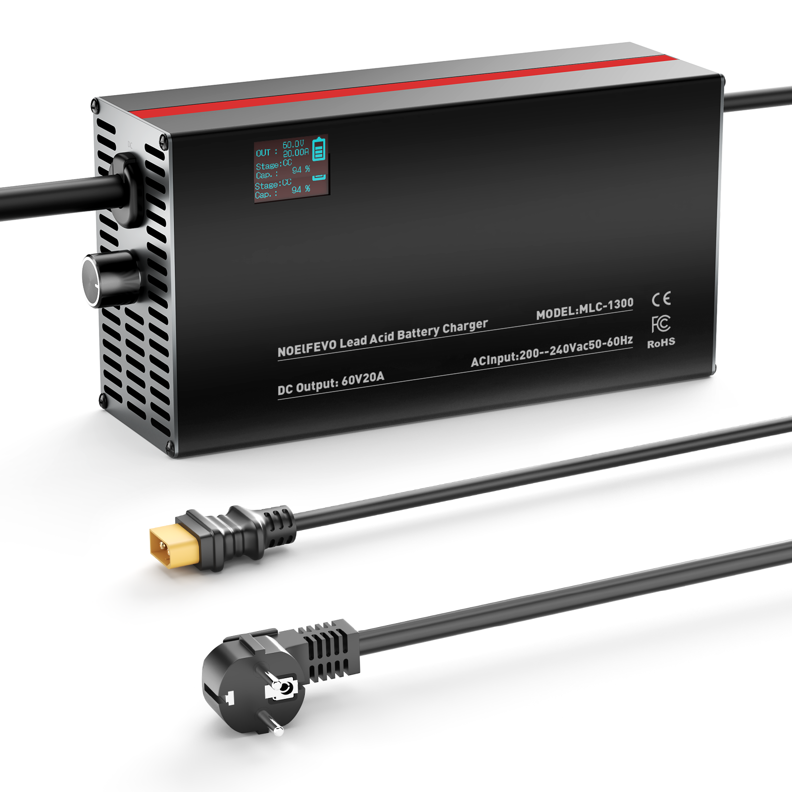 NOEIFEVO 60V 2A-20A Stroom Instelbaar Acculader voor Loodzuuraccu's, AGM, Gel, Golfwagen Acculader, LED-display