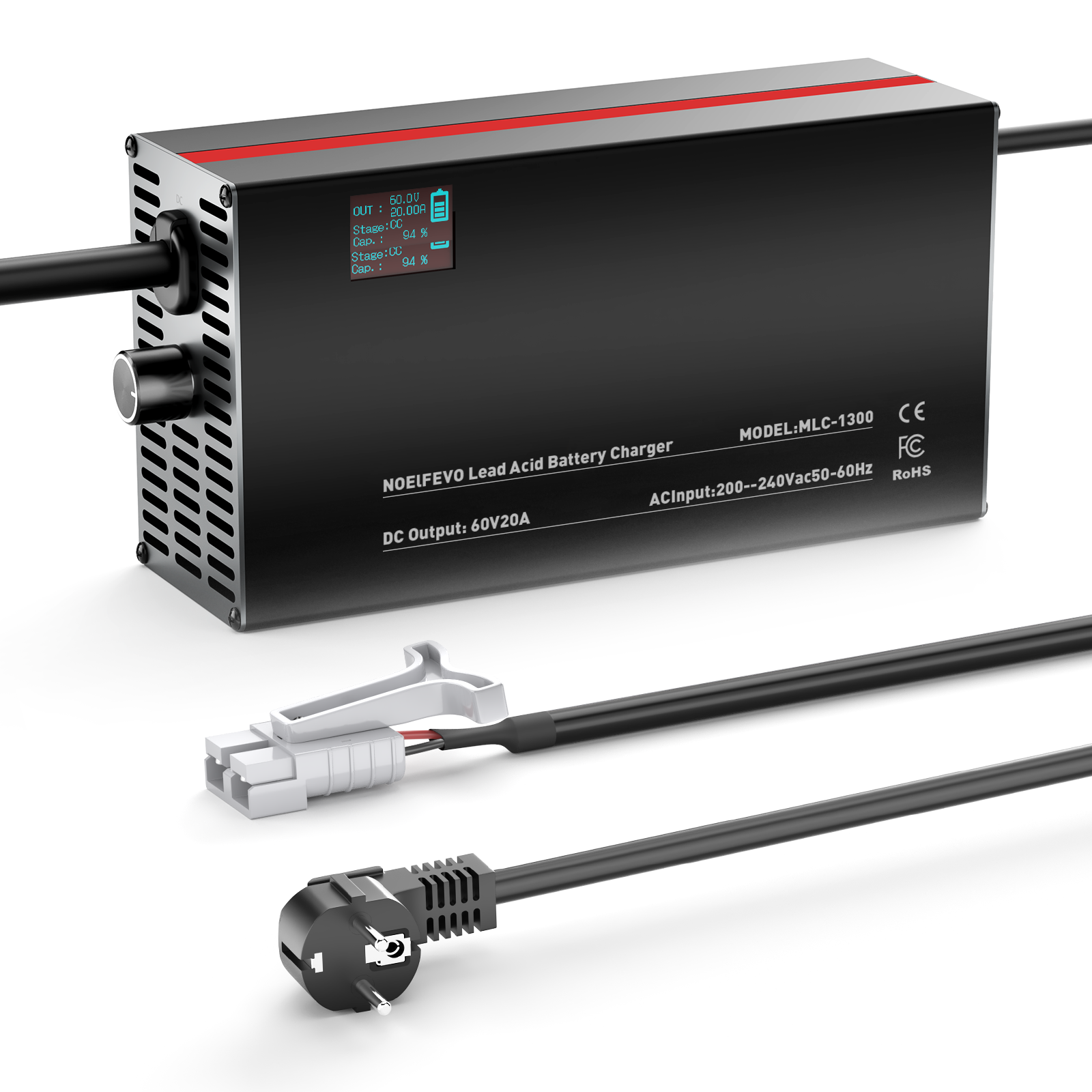 NOEIFEVO 60V 2A-20A Stroom Instelbaar Acculader voor Loodzuuraccu's, AGM, Gel, Golfwagen Acculader, LED-display