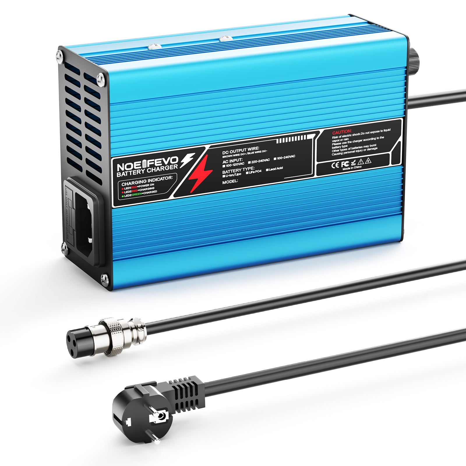 הטענה ליתיום 42V  2A 3A 3.5A 4A NOEIFEVO עבור סוללות 10S 37V Li-Ion Lipo, מאוורר קירור, כיבוי אוטומטי (כחול)