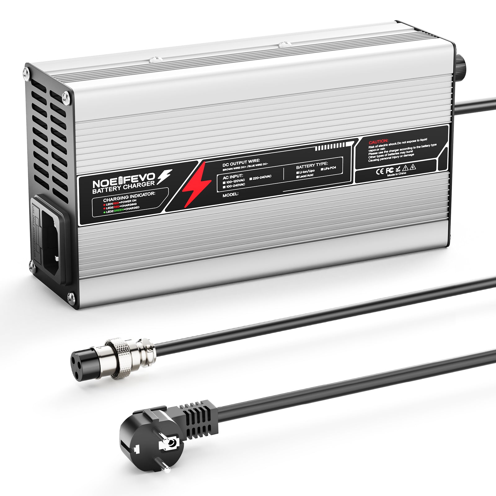 NOEIFEVO 43,8 V 10 A LiFePO4 Batterieladegerät für 38,4 V 10S-Batterie, automatische Abschaltung, Aluminiumgehäuse, mit Lüfter (Silber)