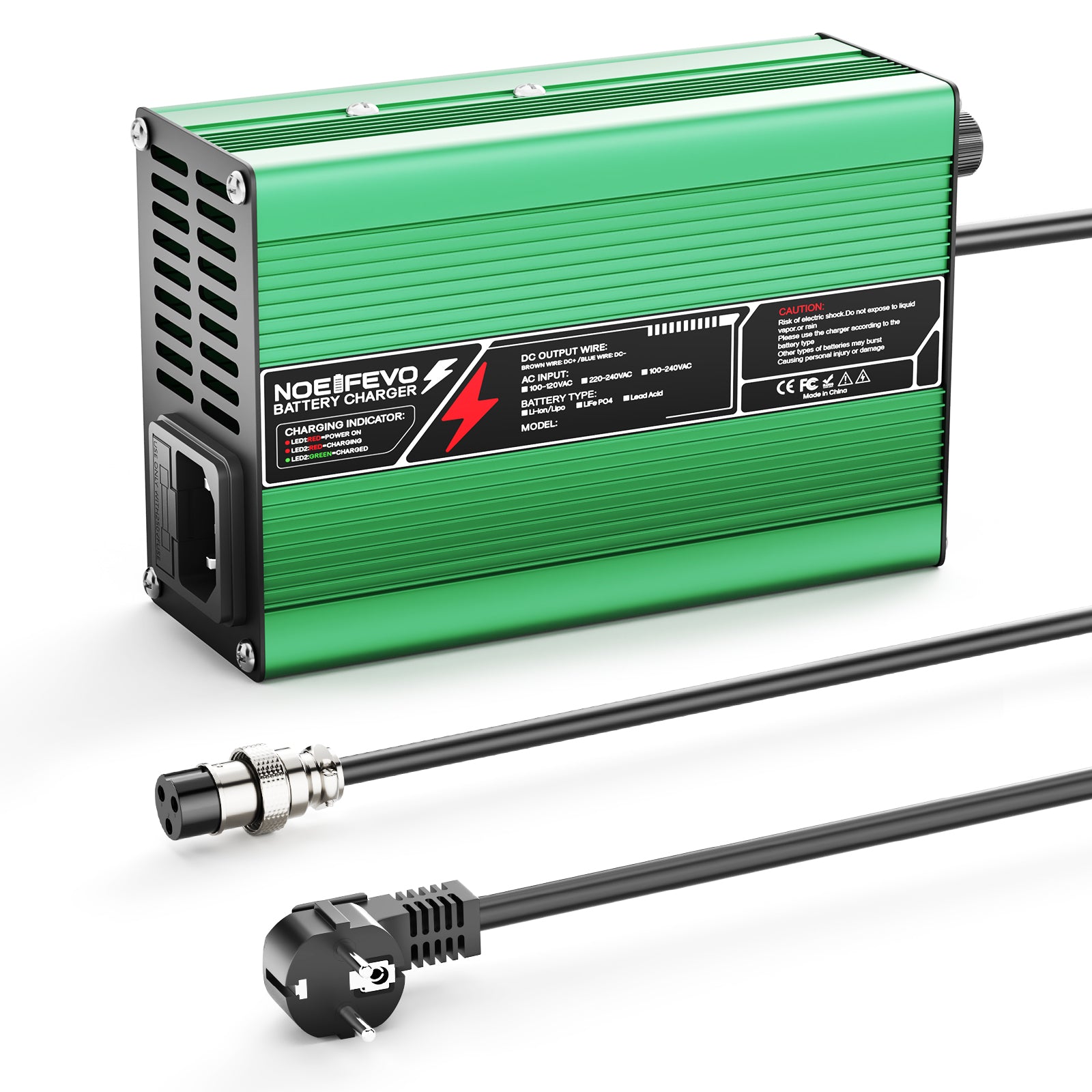 מטען ליתיום NOEIFEVO 33.6V2A 3A 4A 5A עבור סוללות 8S 29.6V Li-Ion Lipo, מאוורר קירור, כיבוי אוטומטי (ירוק).