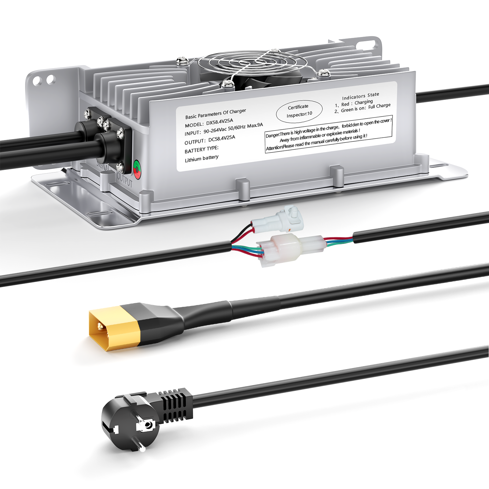 NOEIFEVO 48V 25A Lithium-Lifepo4 Batterioplader, 58,4V opladningsspænding for 48V (51,2V) 16S batteri, vandtæt, 0V BMS-aktivering, med låsekabel til elektriske køretøjer, e-cykler og golfvogne