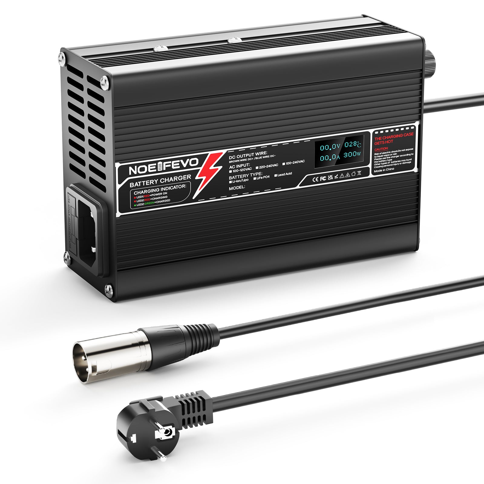 Carregador de bateria de lítio NOEIFEVO 24V 8A LiFePO4, tensão de carga 29.2V, com ventilador, caixa de alumínio, tela LCD