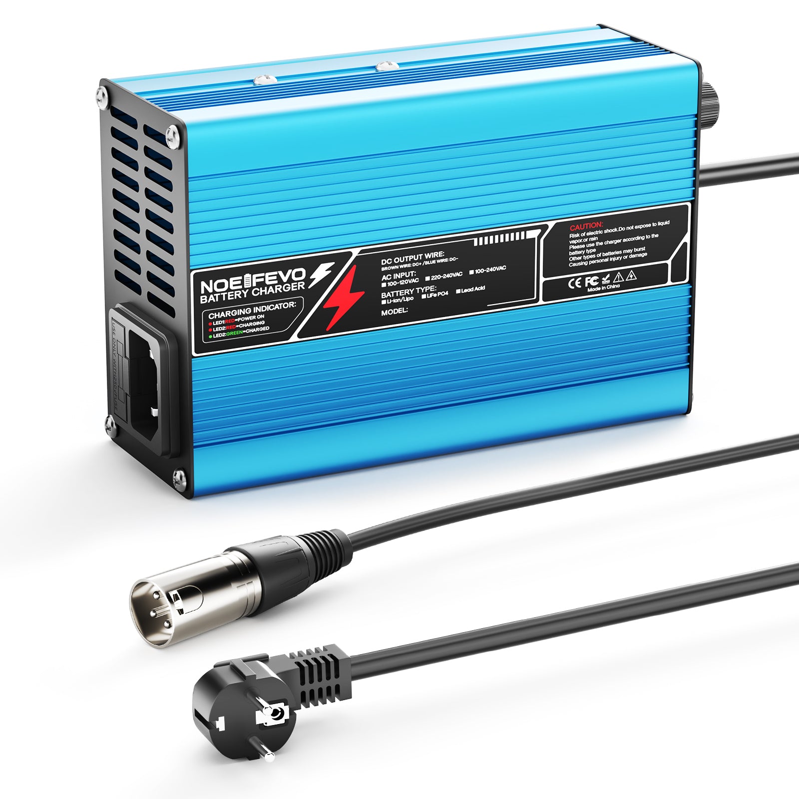 NOEIFEVO 36.5V 2A 3A 3.5A 4A   LiFePO4 nabíječka baterií pro 10S 32V LiFePO4 baterii, automatické vypnutí（BLUE）