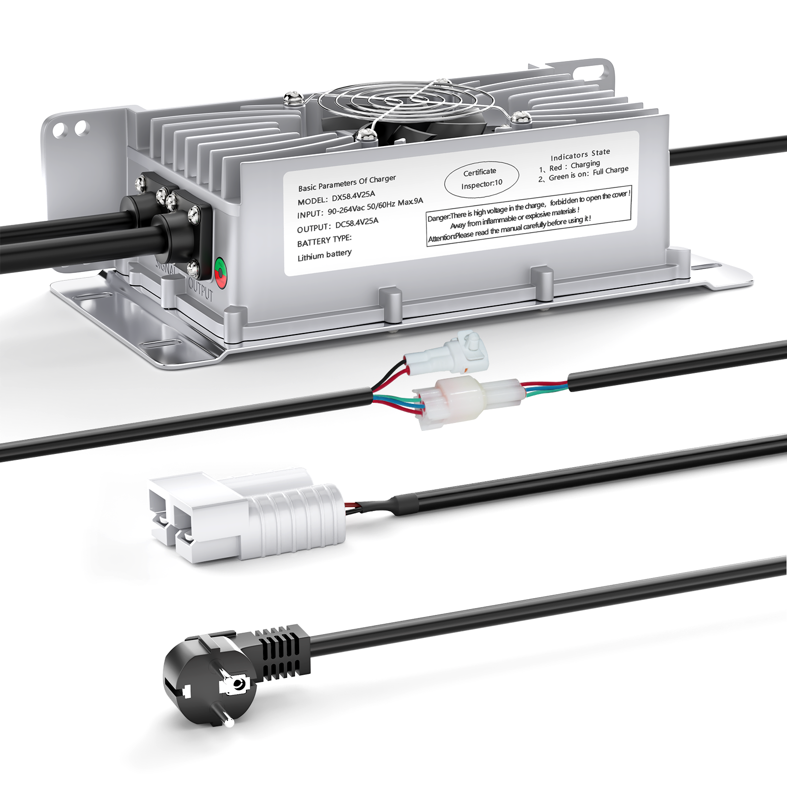 NOEIFEVO 48V 25A Lithium-Lifepo4-Batterieladegerät, 58,4V Ladespannung für 48V (51,2V) 16S-Batterie, wasserdicht, 0 V BMS-Aktivierung, mit Sperrkabel für Elektrofahrzeuge, E-Bikes und Golfwagen