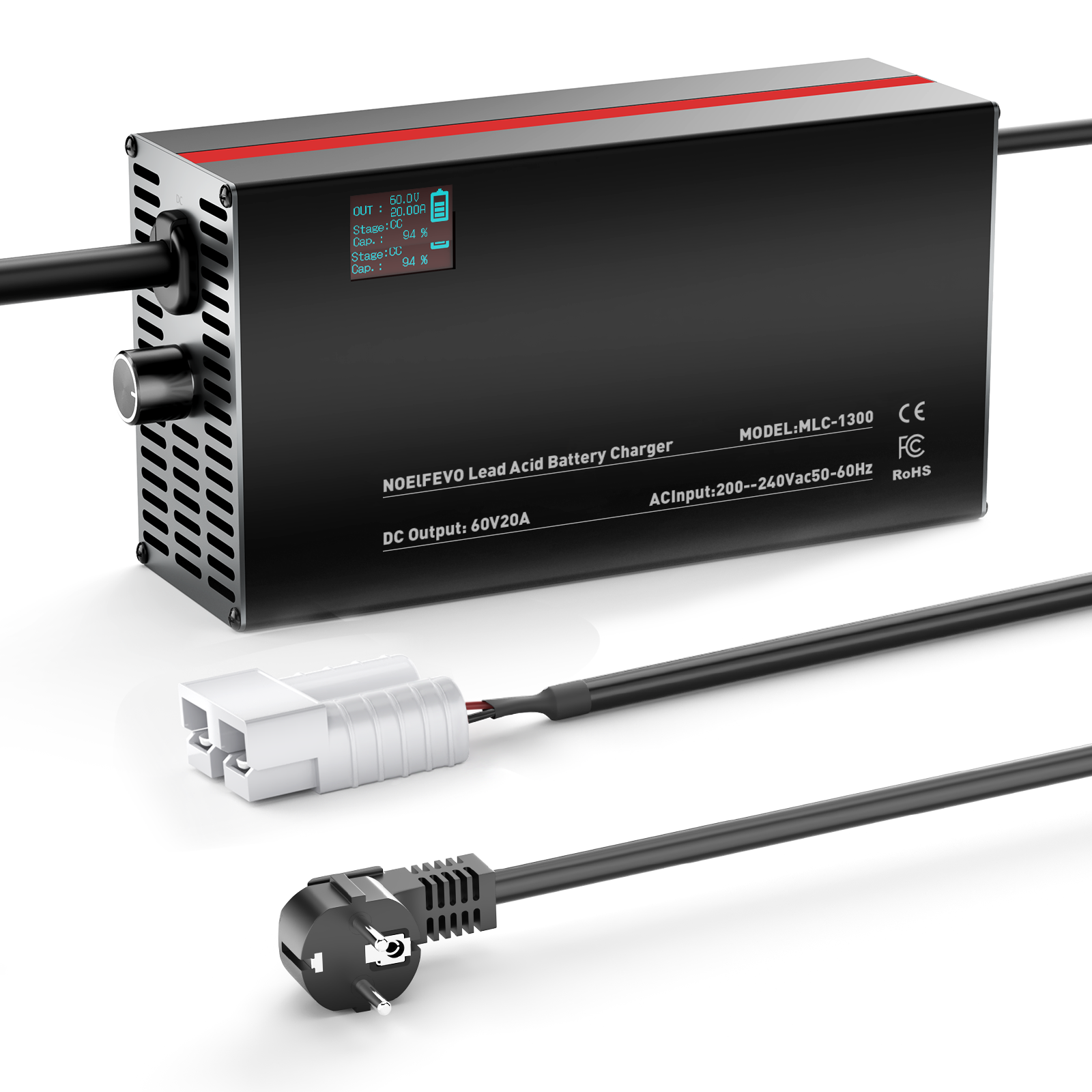 NOEIFEVO 60V 2A-20A Stroom Instelbaar Acculader voor Loodzuuraccu's, AGM, Gel, Golfwagen Acculader, LED-display