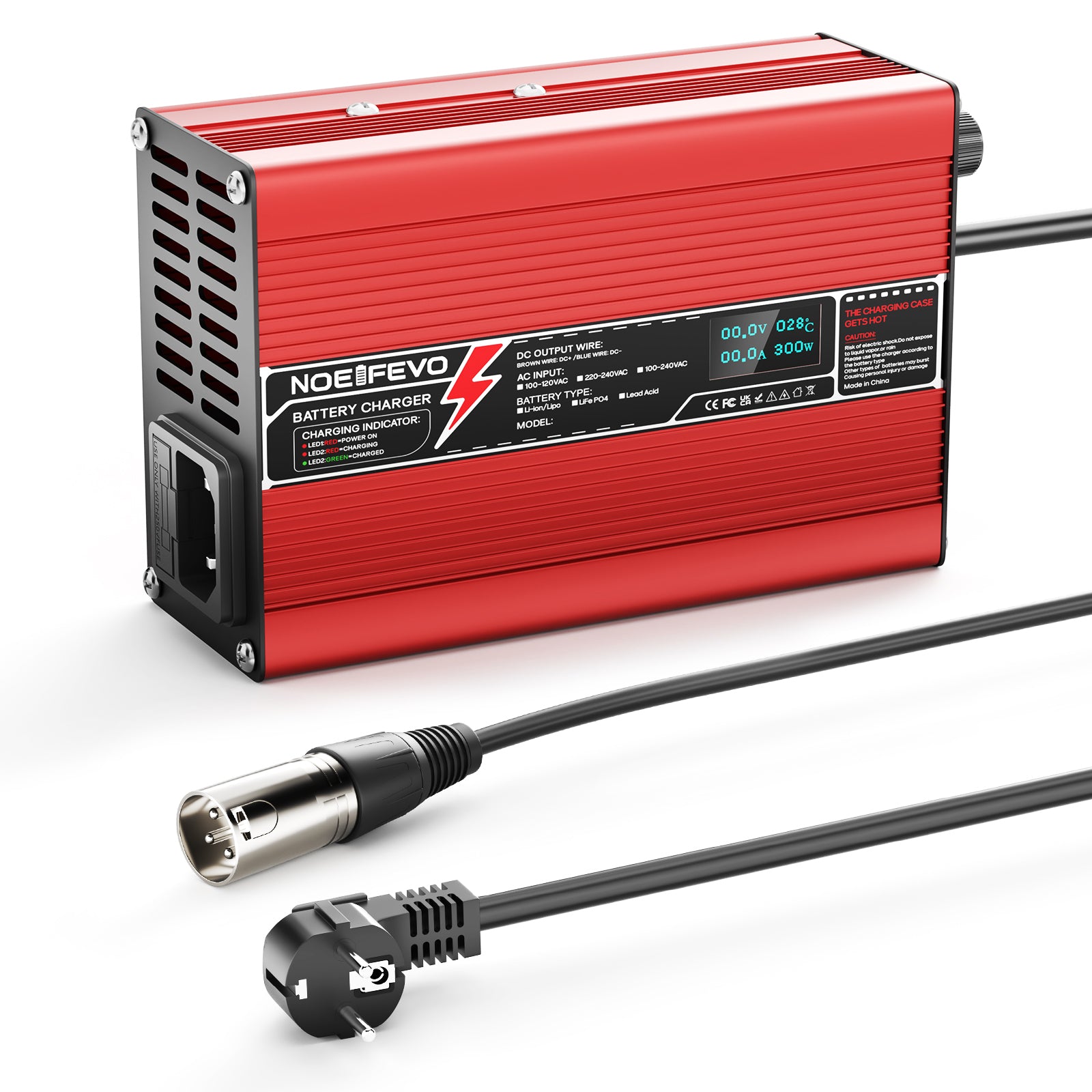 NOEIFEVO 33.6V 2A 3A 4A 5A Lithium-Ladegerät für 8S 29.6V Li-Ion Lipo-Batterien, Kühlventilator, automatischer Abschaltung（RED）