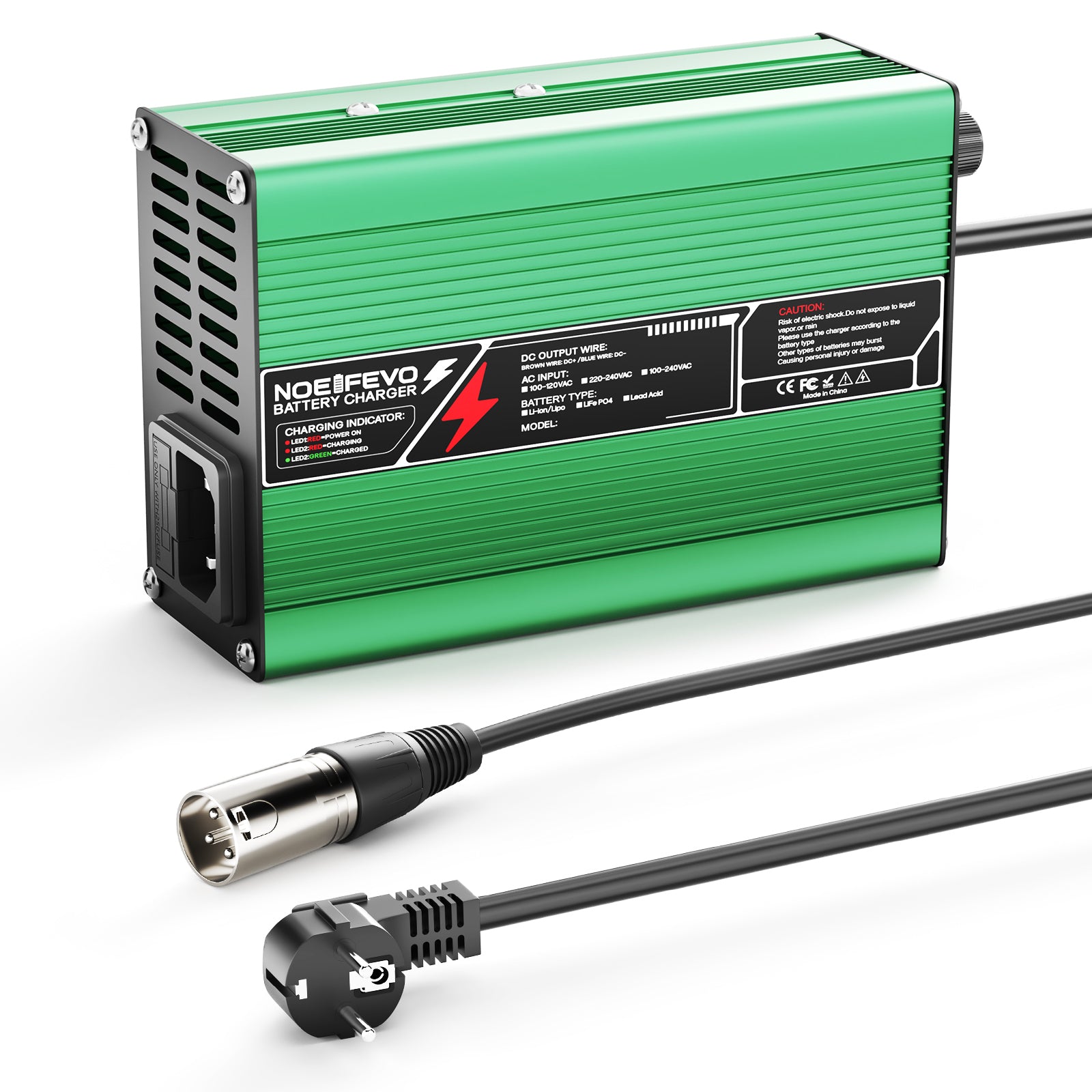 NOEIFEVO 58.8V 3A מטען ליתיום עבור סוללות Li-Ion Lipo 14S 51.8V, מאוורר קירור, כיבוי אוטומטי (ירוק)