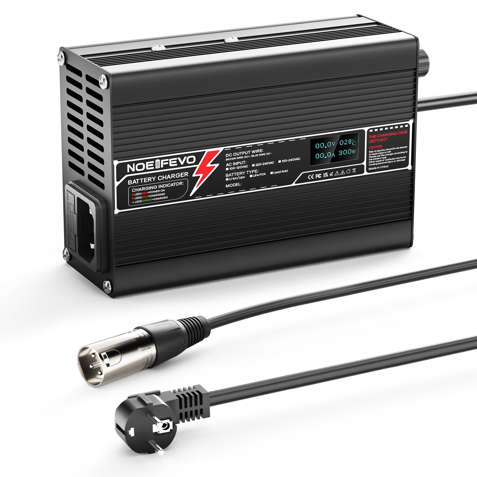 NOEIFEVO Caricabatterie al litio 46.2V 4A per batterie 11S 40.7V Li-Ion Lipo, con display LCD, ventola di raffreddamento, spegnimento automatico