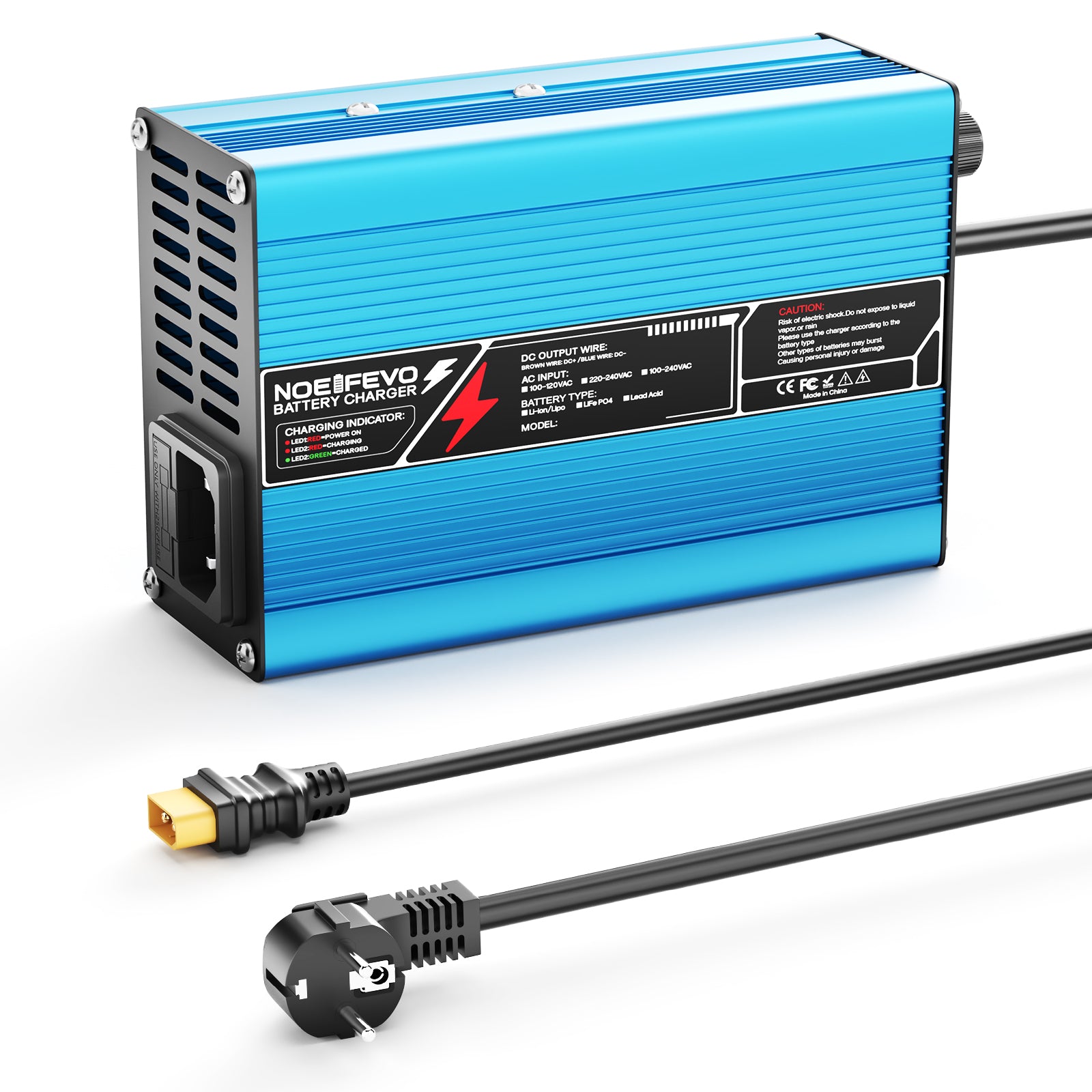 NOEIFEVO 36.5V 2A 3A 3.5A 4A   LiFePO4 nabíječka baterií pro 10S 32V LiFePO4 baterii, automatické vypnutí（BLUE）