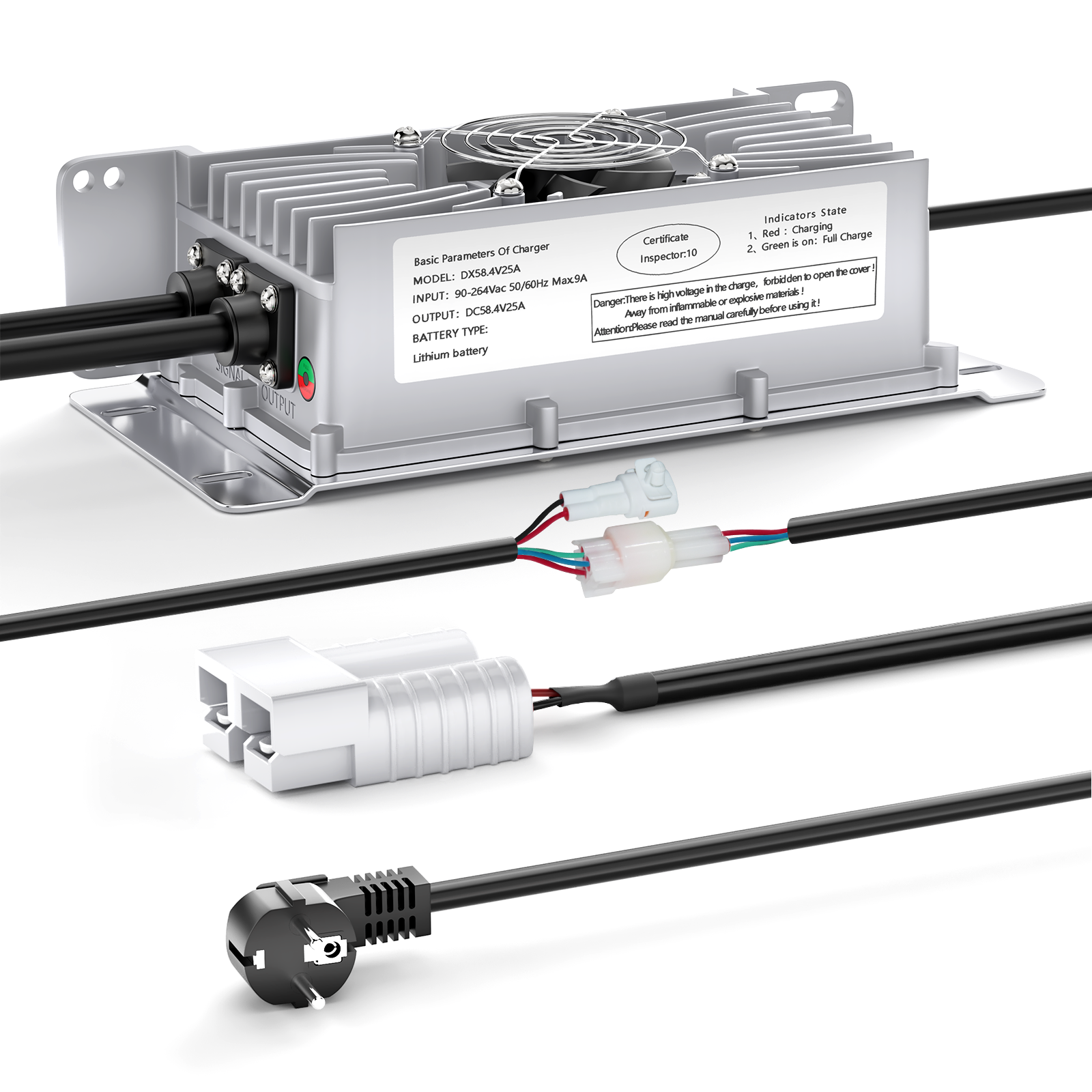 NOEIFEVO 48V 25A nabíječka baterií Lithium-Lifepo4, 58,4V nabíjecí napětí pro 48V (51,2V) 16S baterii, vodotěsná, aktivace BMS při 0V, s bezpečnostním kabelem pro elektrická vozidla, e-biky a golfové vozíky.