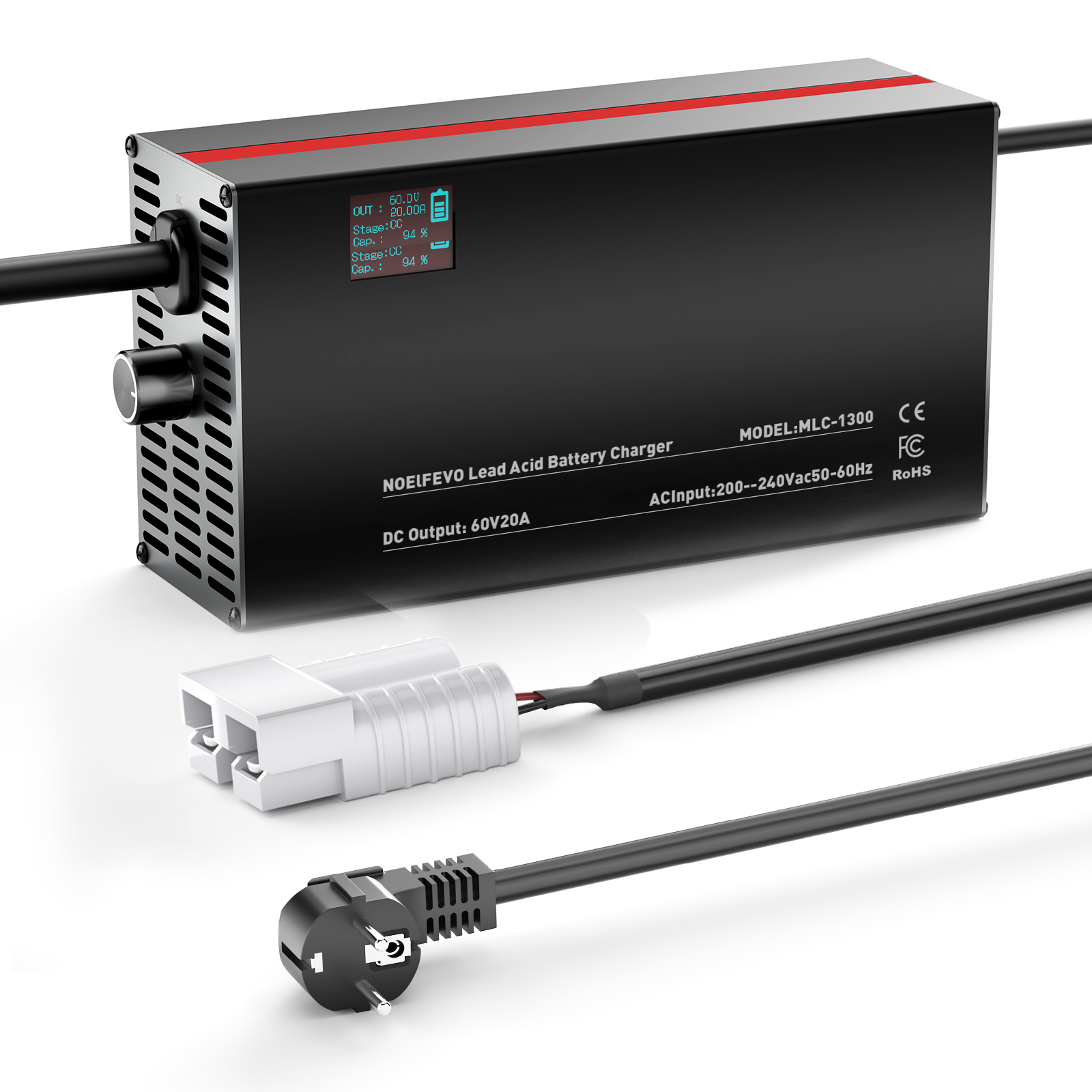 NOEIFEVO 60V 2A-20A Stroom Instelbaar Acculader voor Loodzuuraccu's, AGM, Gel, Golfwagen Acculader, LED-display