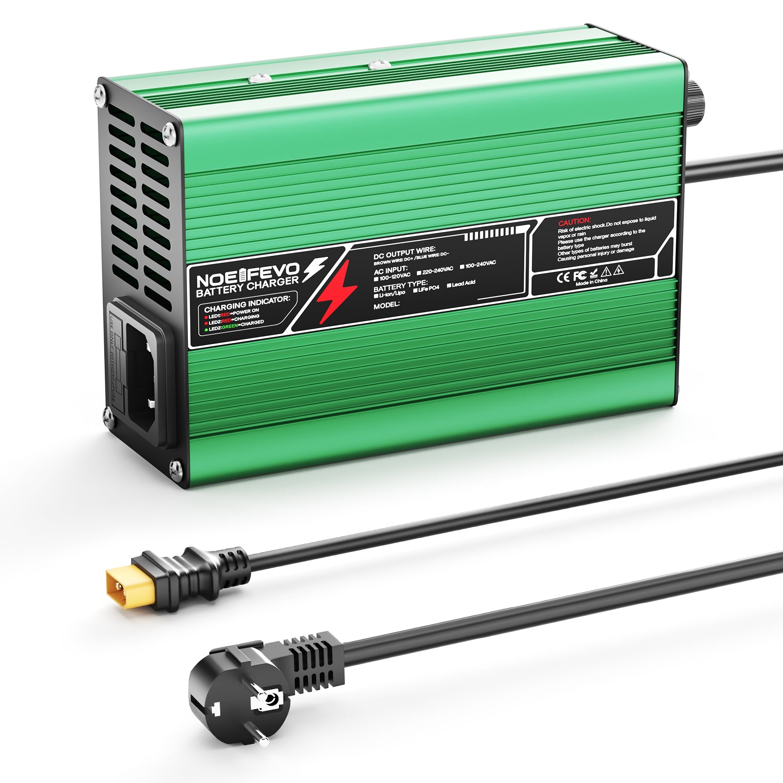 NOEIFEVO 58.8V 3A מטען ליתיום עבור סוללות Li-Ion Lipo 14S 51.8V, מאוורר קירור, כיבוי אוטומטי (ירוק)