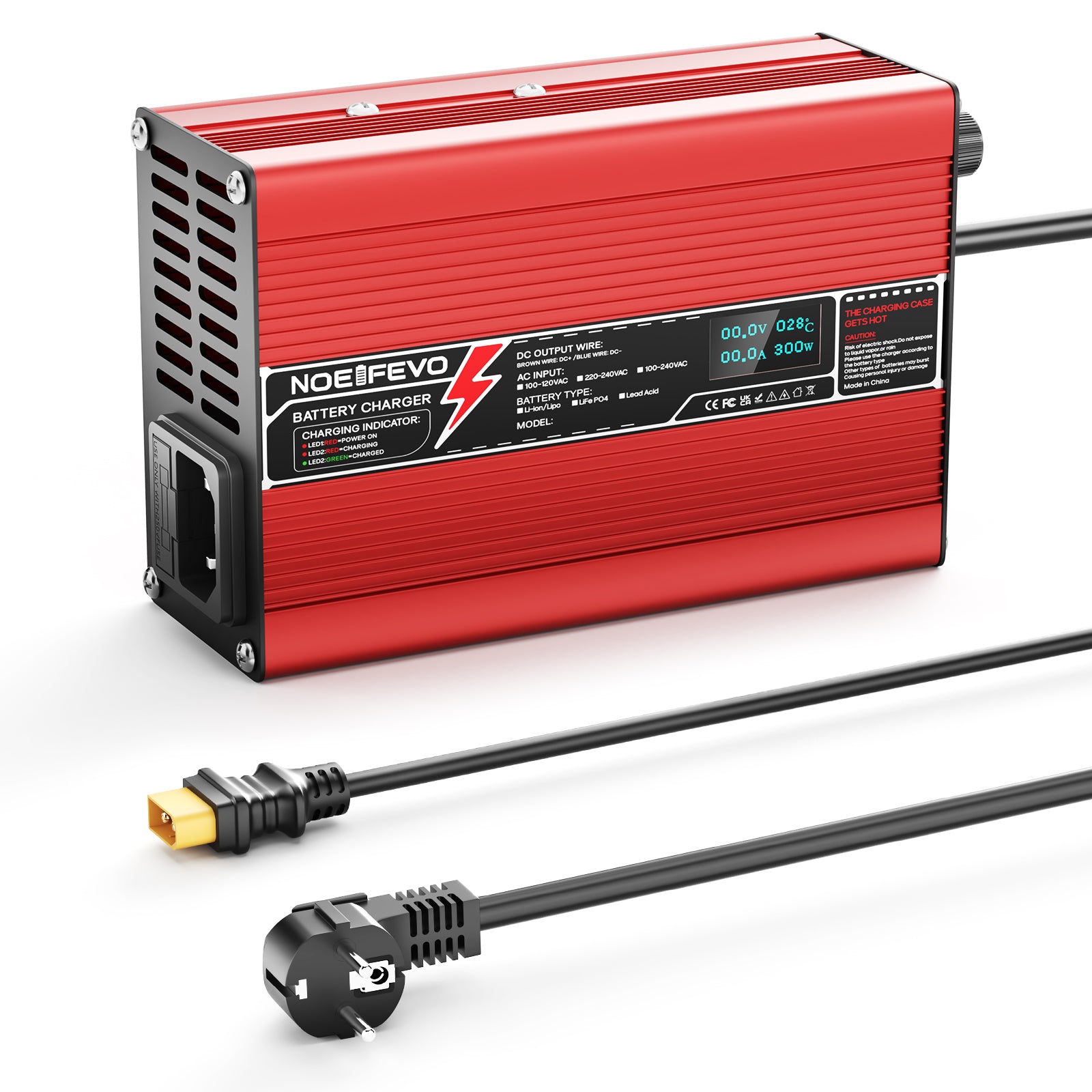 NOEIFEVO 33.6V 2A 3A 4A 5A Lithium-Ladegerät für 8S 29.6V Li-Ion Lipo-Batterien, Kühlventilator, automatischer Abschaltung（RED）