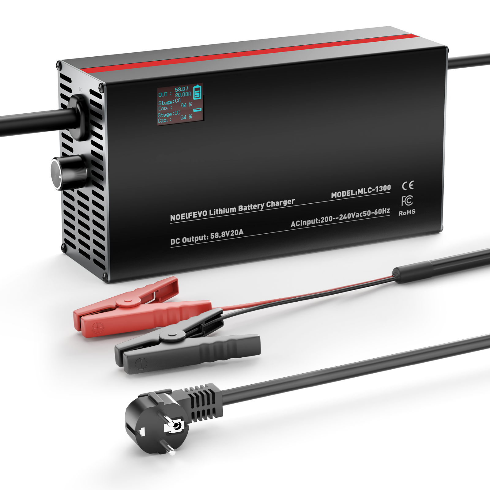 NOEIFEVO 58,8V 2-20A litiumbatterilader for 51,8V 52V 14S litium-lion-lipo-batteri, LCD-skjerm, justerbar strøm, lader for elsykkel, scooter, elektrisk motorsykkel