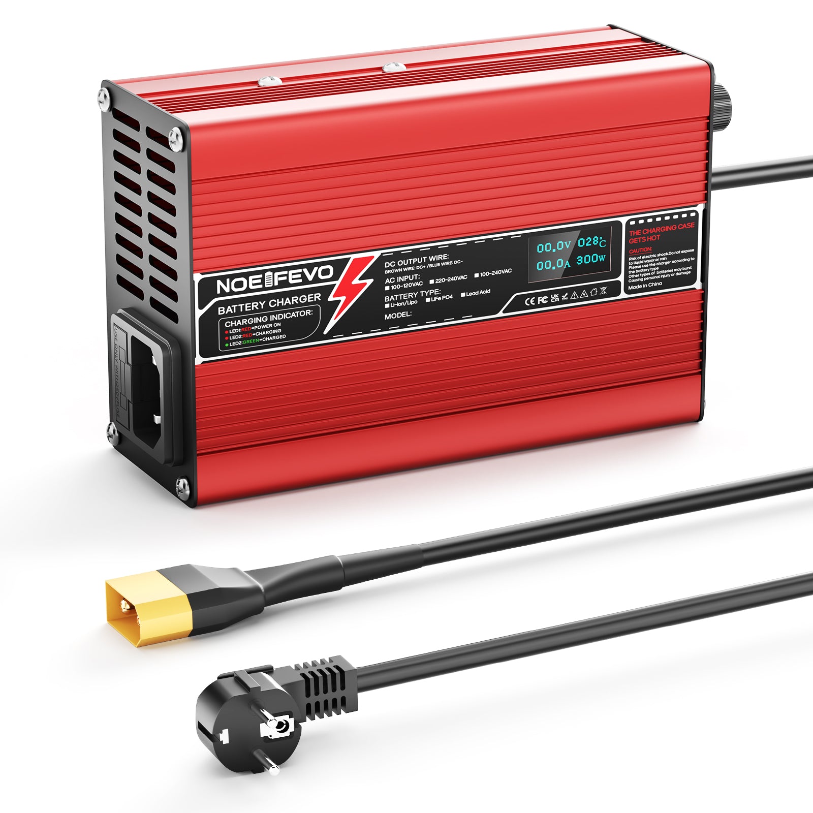 NOEIFEVO 33.6V 2A 3A 4A 5A Lithium-Ladegerät für 8S 29.6V Li-Ion Lipo-Batterien, Kühlventilator, automatischer Abschaltung（RED）