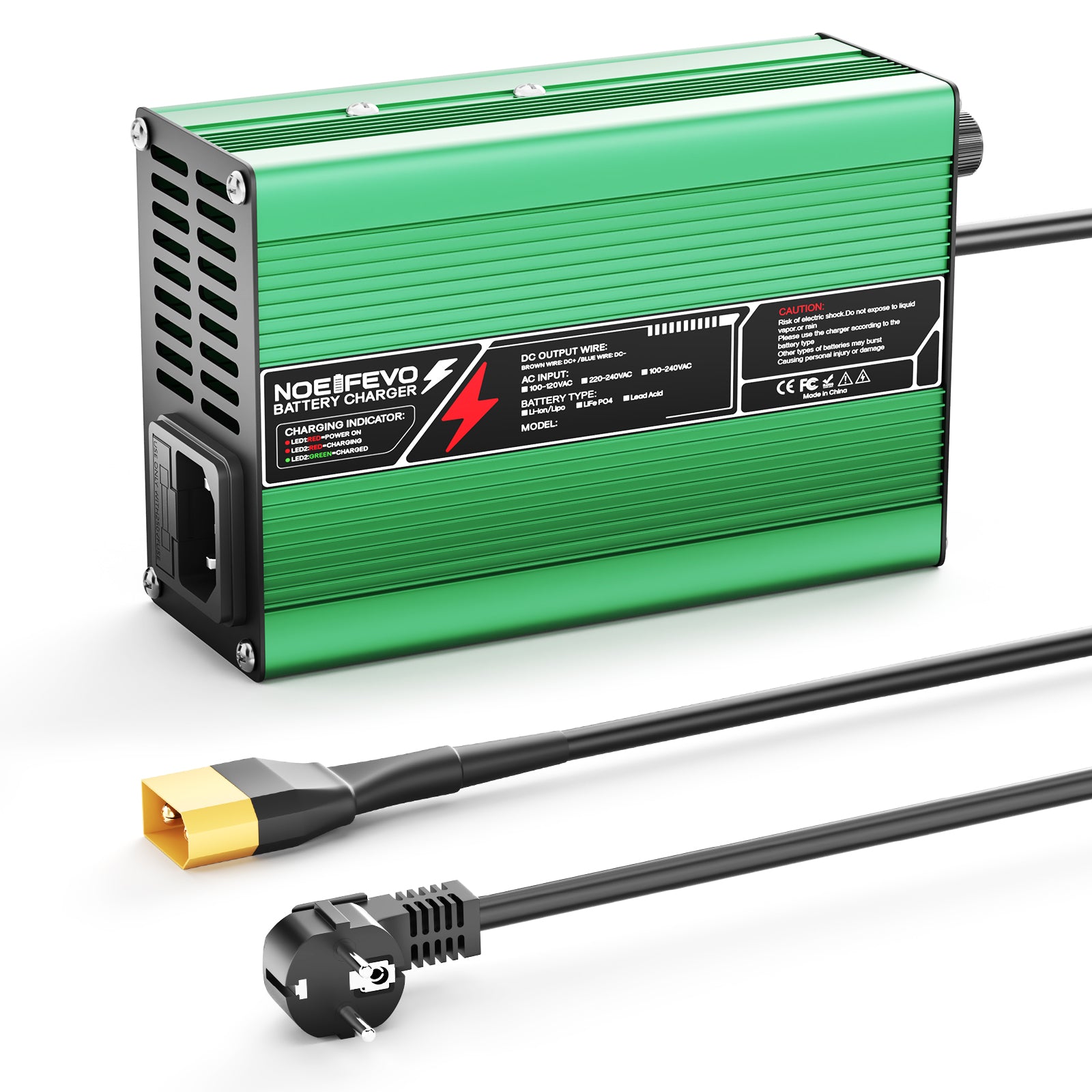 מטען ליתיום NOEIFEVO 54.6V  2A 2.5A 3A עבור סוללות Li-Ion Lipo 13S 48.1V, מאוורר קירור, כיבוי אוטומטי (ירוק)