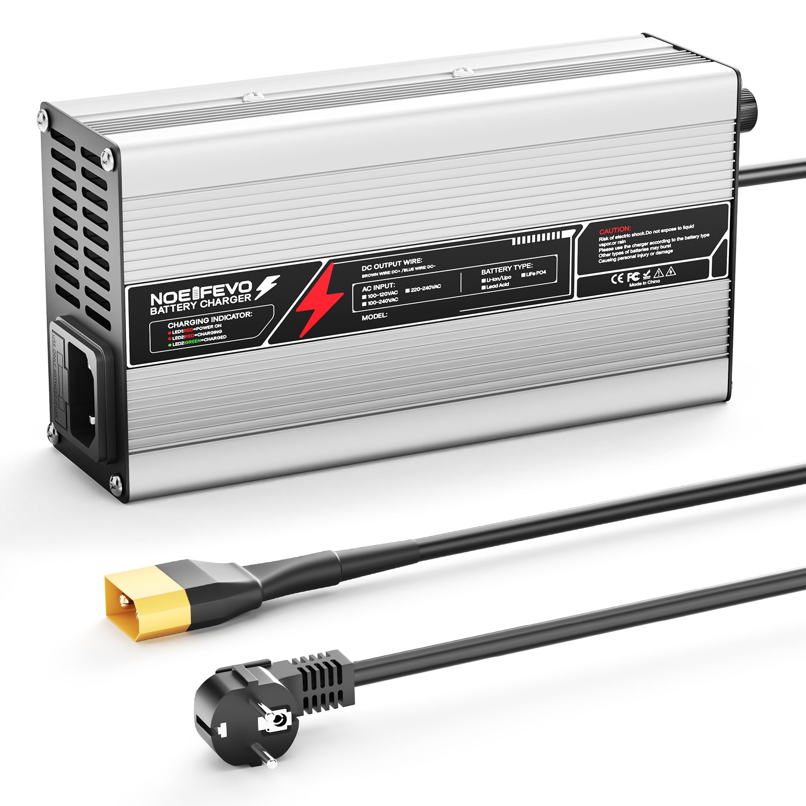 NOEIFEVO 14,6V 20A cargador de batería LiFePO4 para batería de 12V (12,8V) 4S, con apagado automático, carcasa de aluminio, con ventilador (plata).