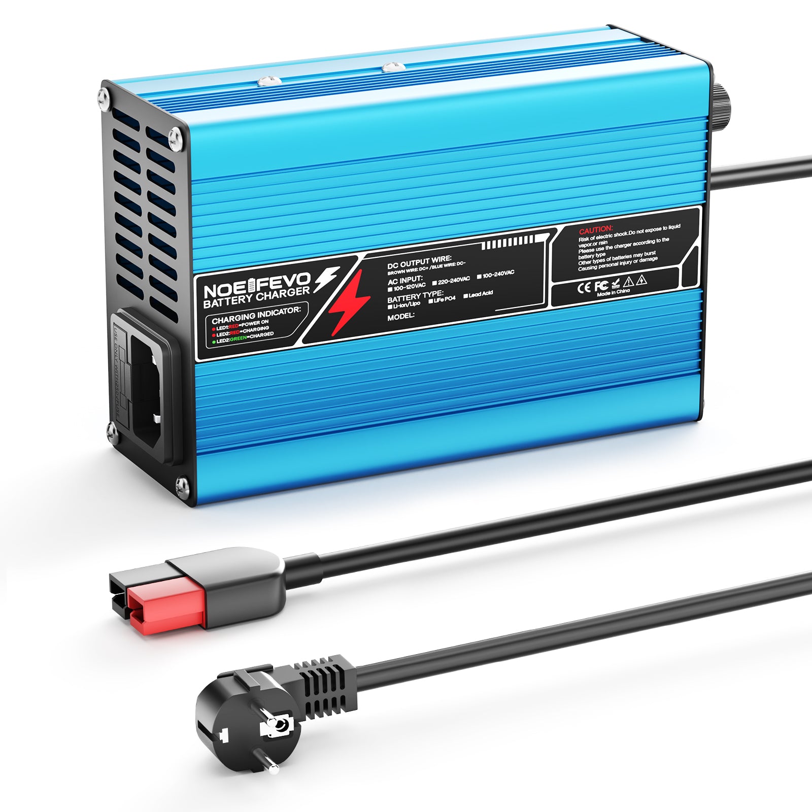 הטענה ליתיום 42V  2A 3A 3.5A 4A NOEIFEVO עבור סוללות 10S 37V Li-Ion Lipo, מאוורר קירור, כיבוי אוטומטי (כחול)