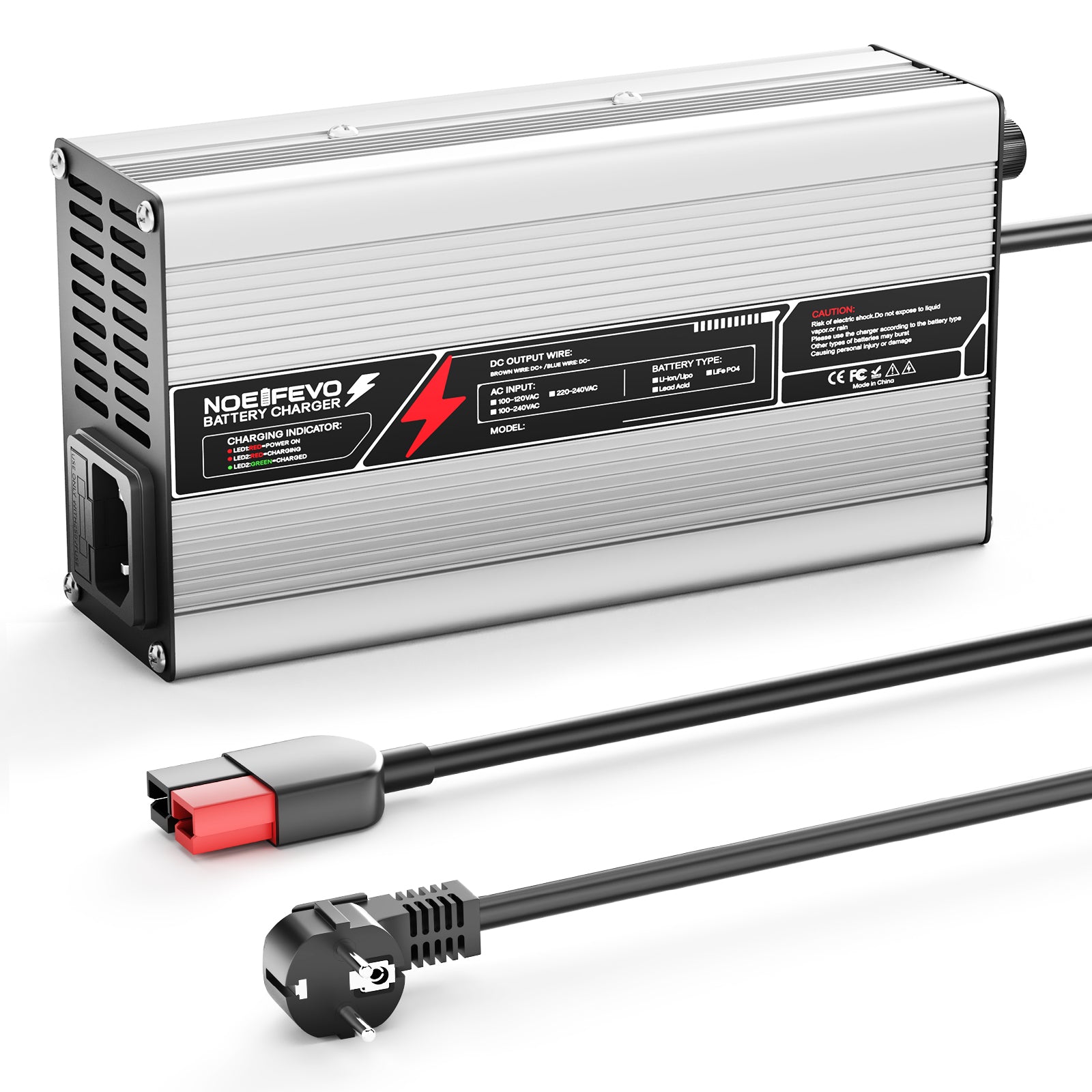 NOEIFEVO 14,6V 20A LiFePO4 batterilader til 12V (12,8V) 4S-batteri, automatisk slukning, aluminiumhus, med blæser (sølv)