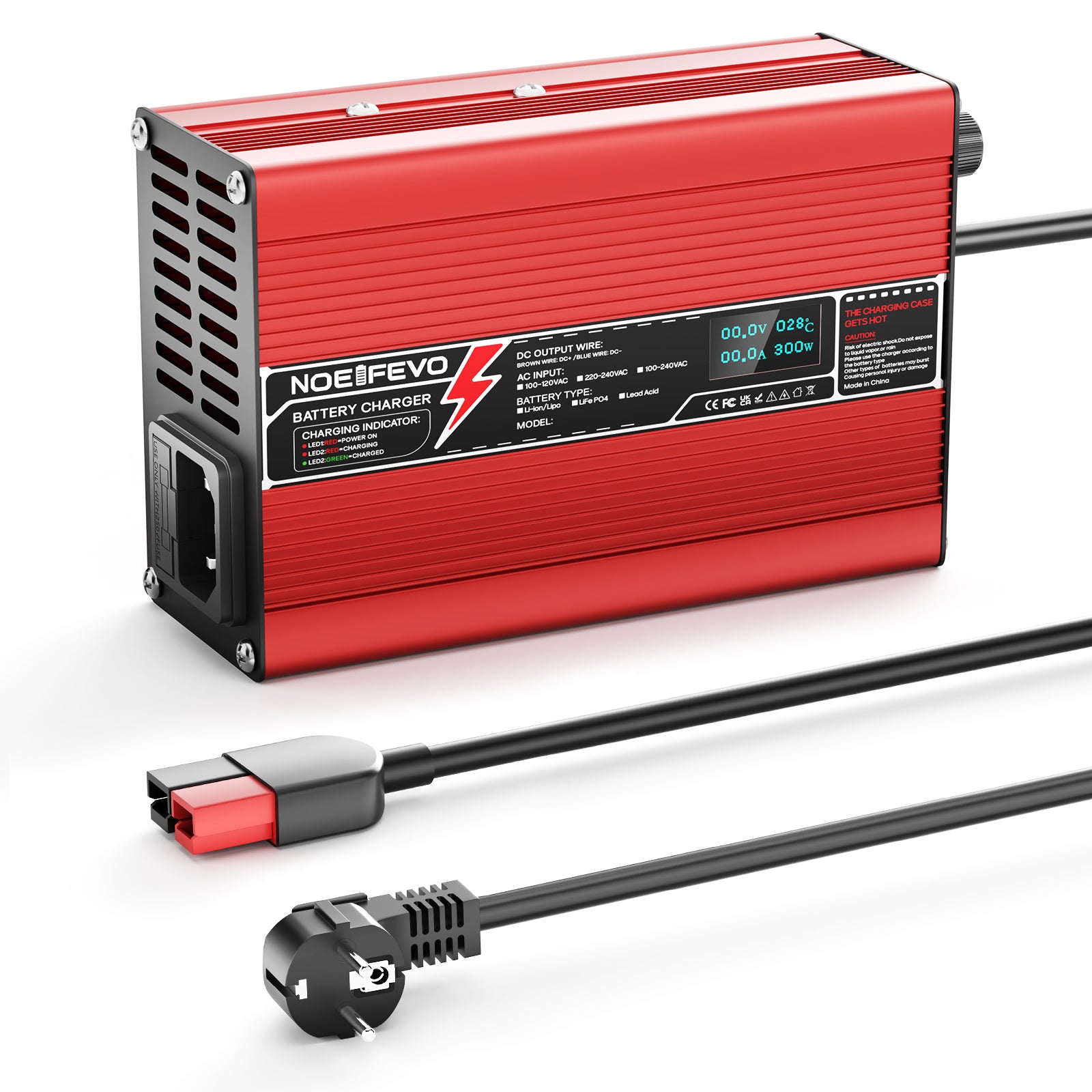 NOEIFEVO 33.6V 2A 3A 4A 5A Lithium-Ladegerät für 8S 29.6V Li-Ion Lipo-Batterien, Kühlventilator, automatischer Abschaltung（RED）