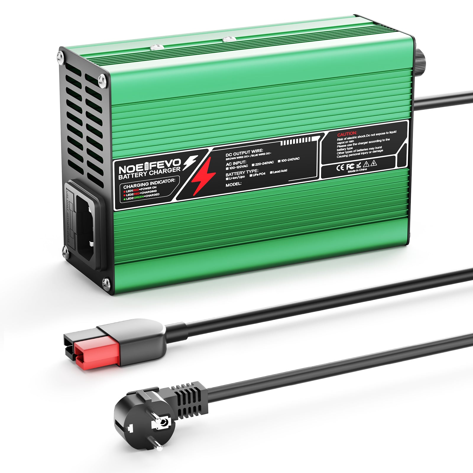 NOEIFEVO 58.8V 3A מטען ליתיום עבור סוללות Li-Ion Lipo 14S 51.8V, מאוורר קירור, כיבוי אוטומטי (ירוק)