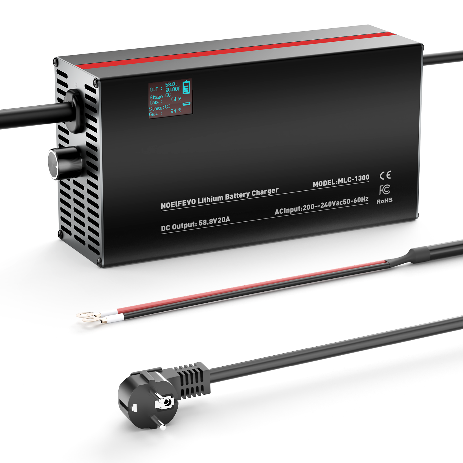 NOEIFEVO 58,8V 2-20A litiumbatterilader for 51,8V 52V 14S litium-lion-lipo-batteri, LCD-skjerm, justerbar strøm, lader for elsykkel, scooter, elektrisk motorsykkel