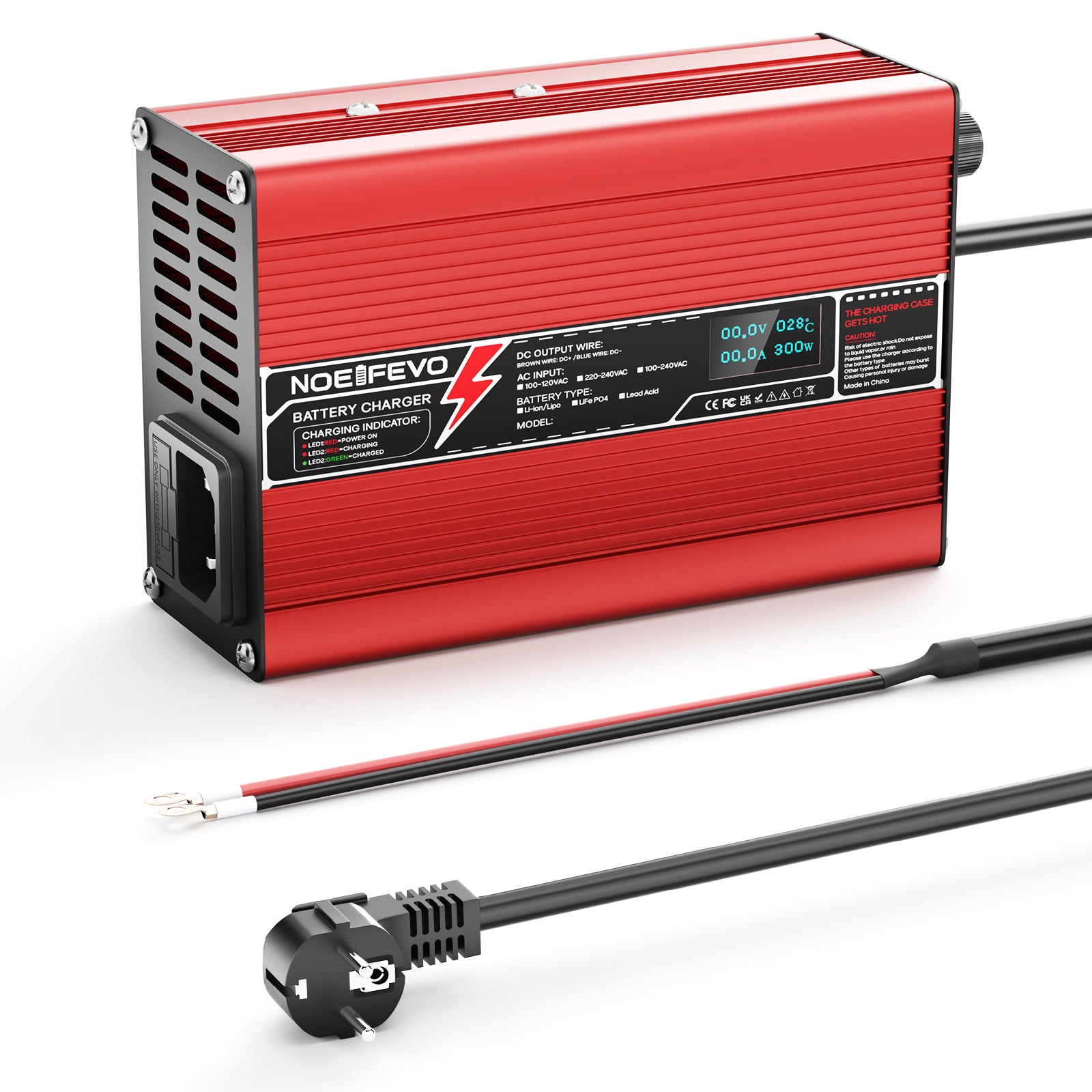 NOEIFEVO 42V 2A 3A 3.5A 4A  Lithium-lader til 10S 37V Li-Ion Lipo-batterier, med køleventilator, automatisk slukning (RØD)