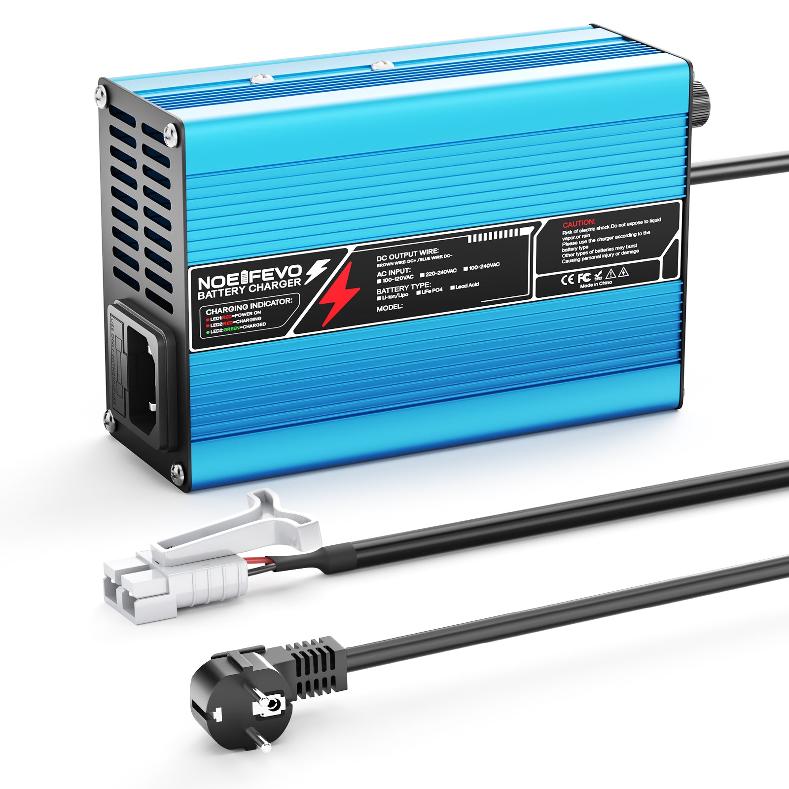 Carregador de Lítio NOEIFEVO 58.8V 3A para Baterias Li-Ion Lipo 14S 51.8V, com Ventilador de Refrigeração, Desligamento Automático (AZUL)