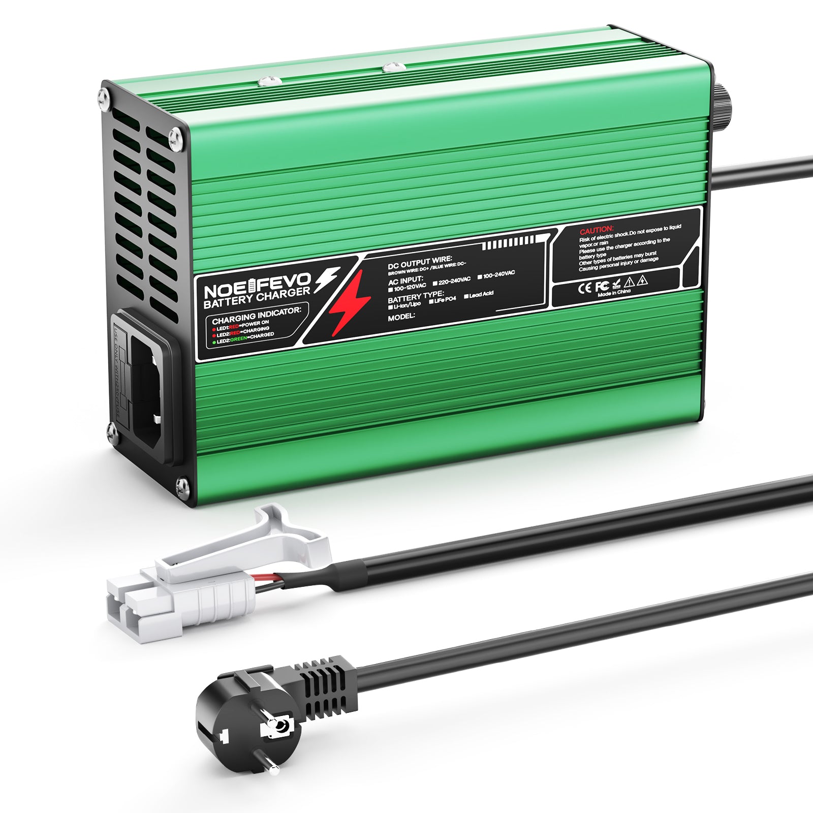 NOEIFEVO 33.6V  2A 3A 4A 5A Lithium-oplader til 8S 29.6V Li-Ion Lipo-batterier, Køleventilator, Automatisk Afbrydelse (GRØN)