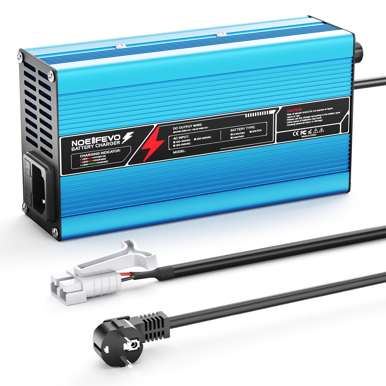 NOEIFEVO 42V 10A 10S Lithium-batterijlader, voor 10S 37V Li-Ion batterij, automatische uitschakeling, aluminium behuizing, met ventilator (blauw)