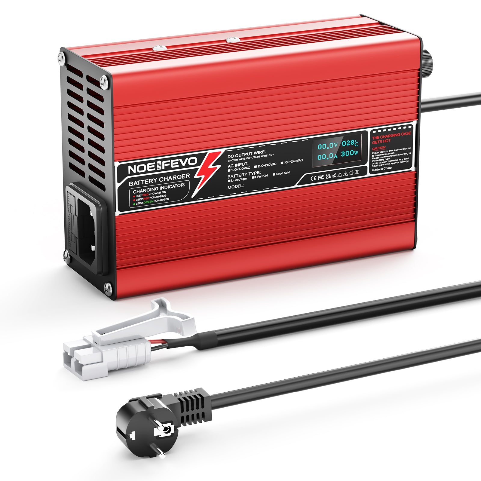 NOEIFEVO Cargador de litio 33.6V 5A para baterías Li-Ion Lipo 8S 29.6V, con ventilador de refrigeración, apagado automático (ROJO)