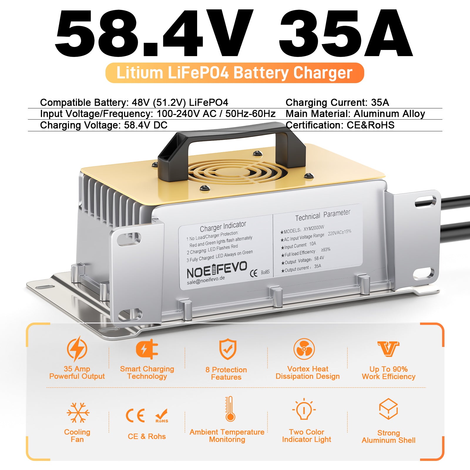 NOEIFEVO 51,2V 48V 16S nabíječka LiFePO4 baterií, 58,4V 35A nabíječka pro solární baterie, baterie golfových vozíků a lodní baterie, vodotěsná, aktivace BMS od 0V