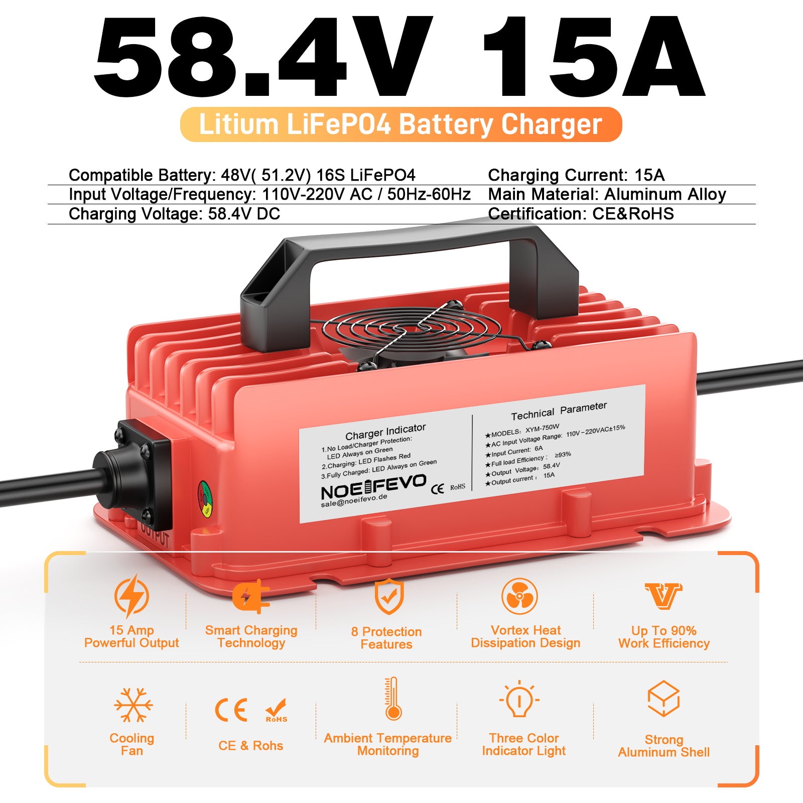 NOEIFEVO 58,4V 15A vanntett LiFePO4 batterilader for 51,2V(48V) 16S LiFePO4 batteri
