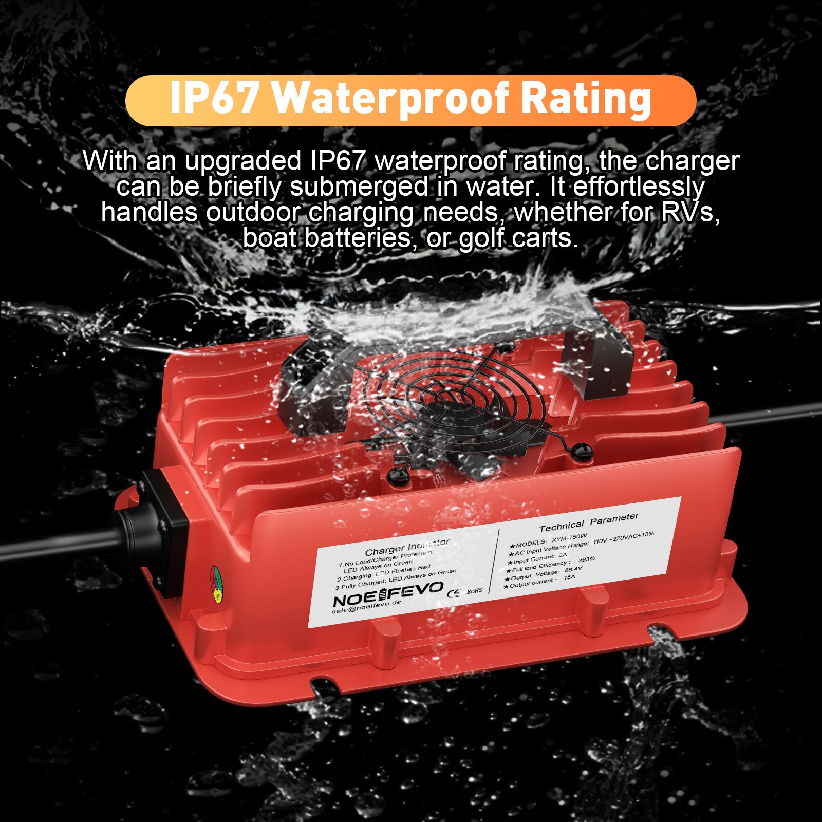 NOEIFEVO 58,4V 15A vanntett LiFePO4 batterilader for 51,2V(48V) 16S LiFePO4 batteri