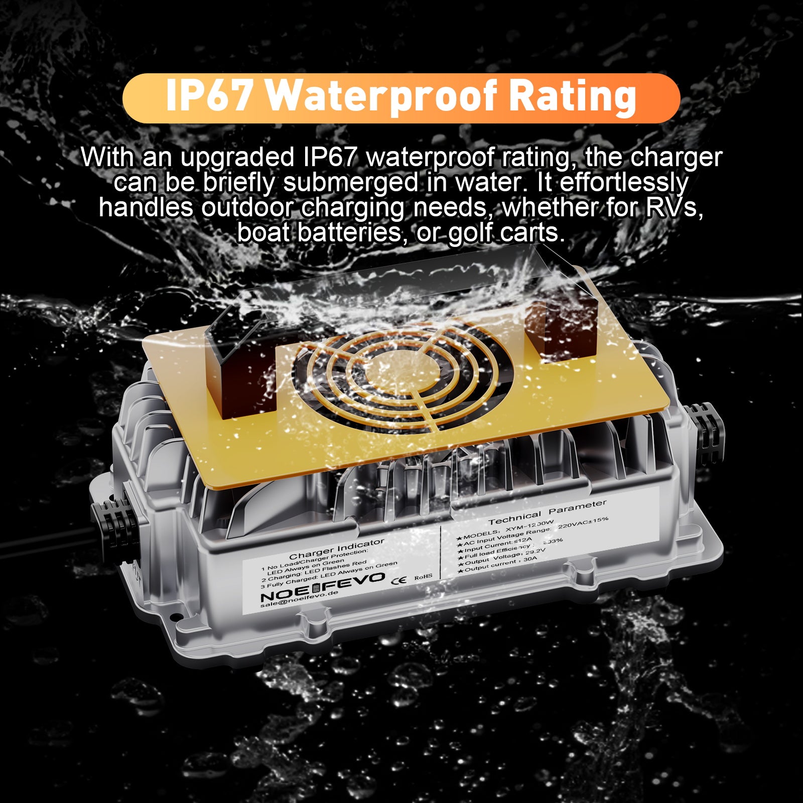 Noeifevo 29.2V 30A LiFePO4 מטען סוללה לסוללת ליתיום 24V 25.6V, עמיד למים, הפעלה 0V BMS, כיבוי אוטומטי