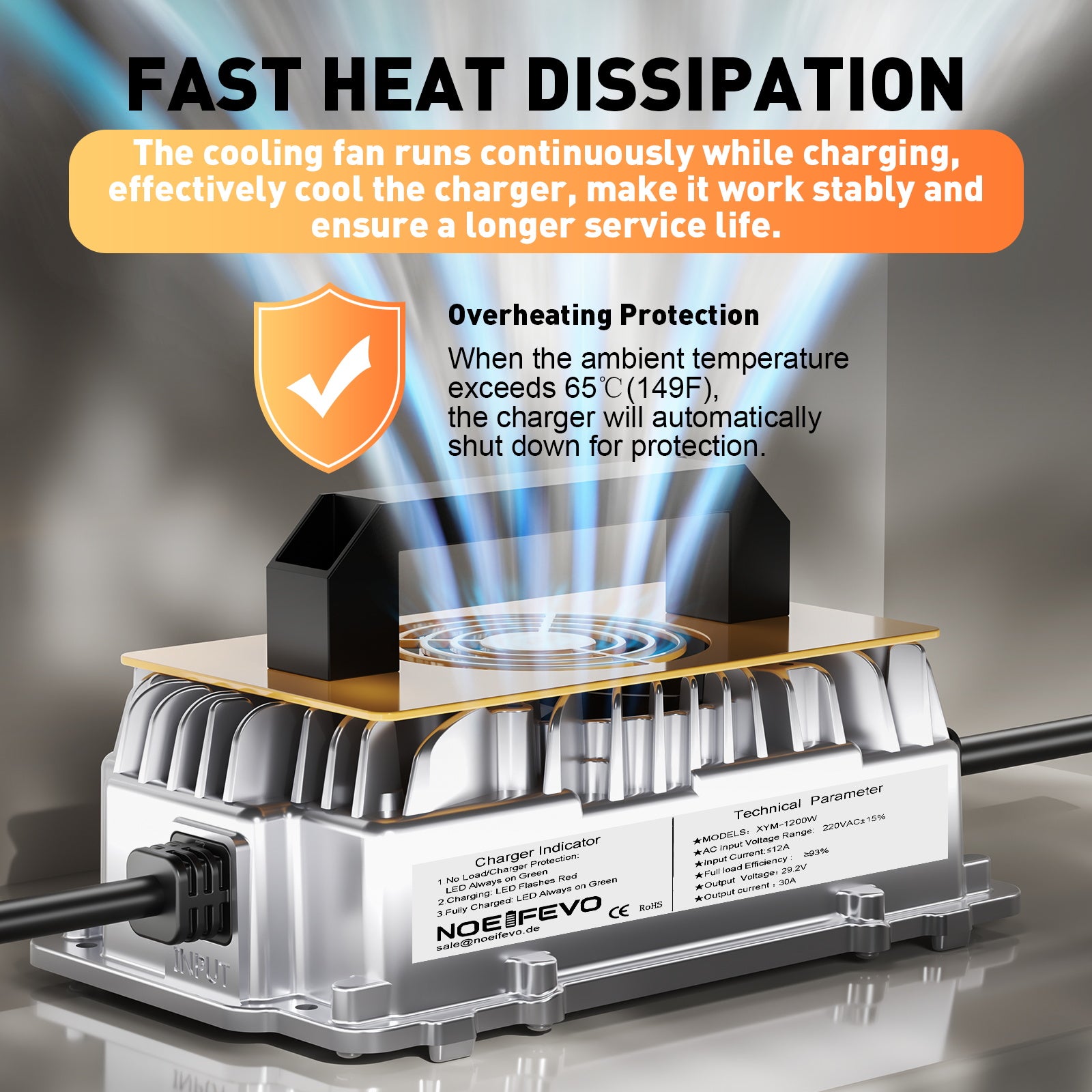 Noeifevo 29.2V 30A LiFePO4 מטען סוללה לסוללת ליתיום 24V 25.6V, עמיד למים, הפעלה 0V BMS, כיבוי אוטומטי