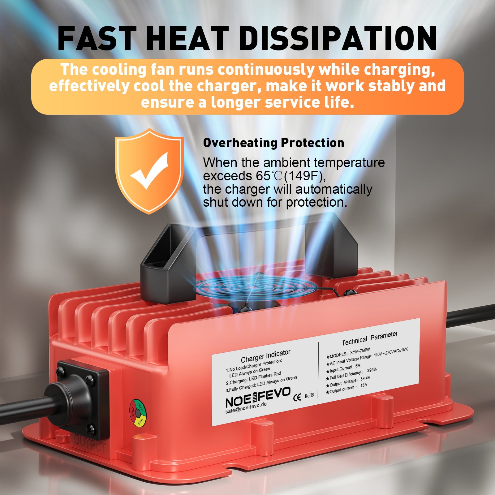 NOEIFEVO 58,4V 15A vanntett LiFePO4 batterilader for 51,2V(48V) 16S LiFePO4 batteri