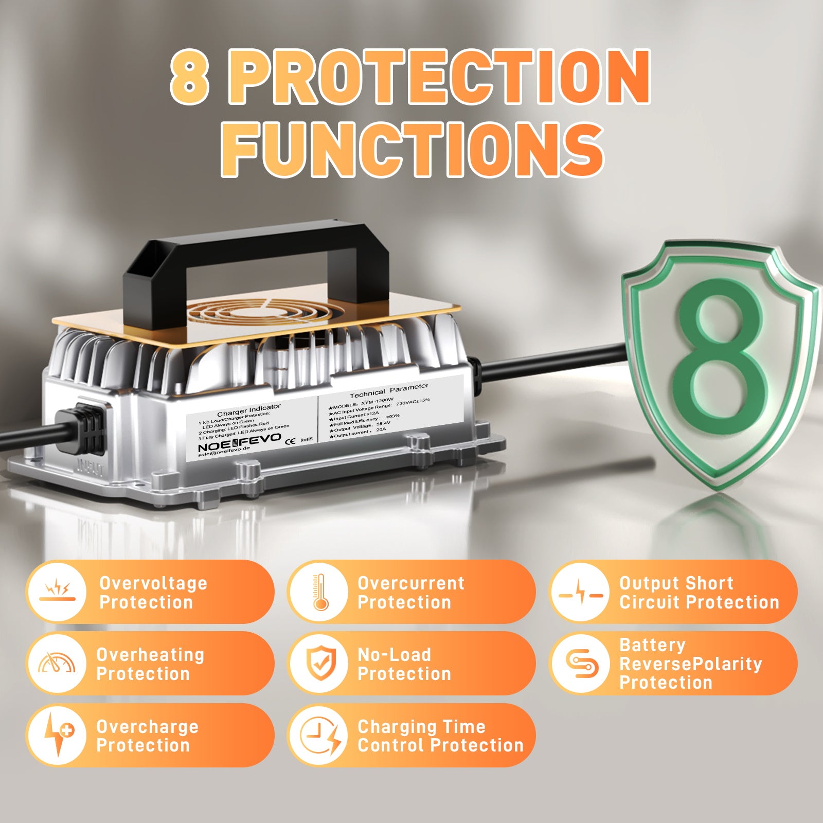 NOEIFEVO 58.4V 20A Lithium Lifepo4 batterioplader til 48V (51.2V)16S batteri, vandtæt, 0 V BMS aktivering, automatisk nedlukning med fuld beskyttelse