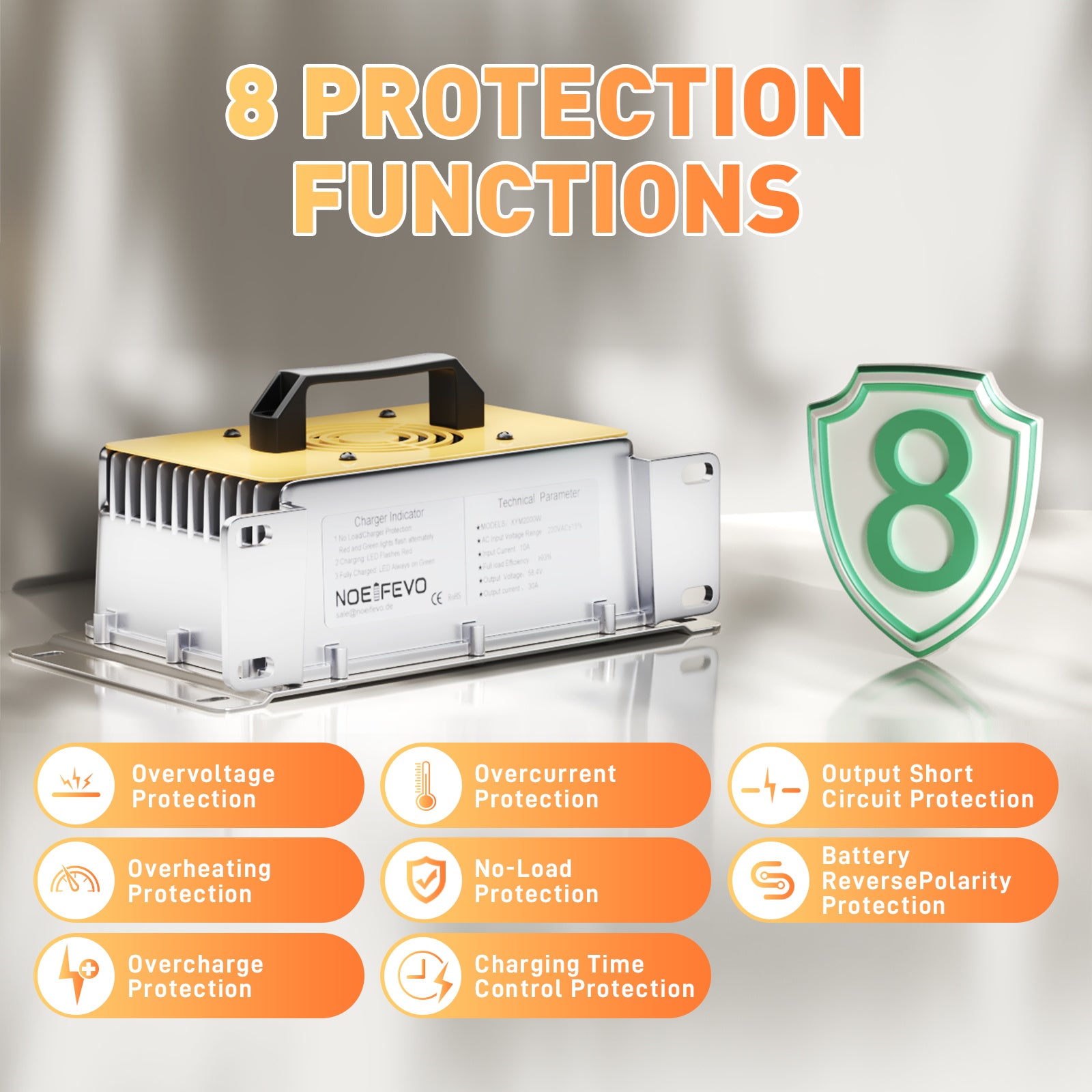 NOEIFEVO 58.4V 30A LiFePO4 batteriladdare för 51.2V(48V) 16S LiFePO4 batteri, vattentät, 0V BMS Enabled