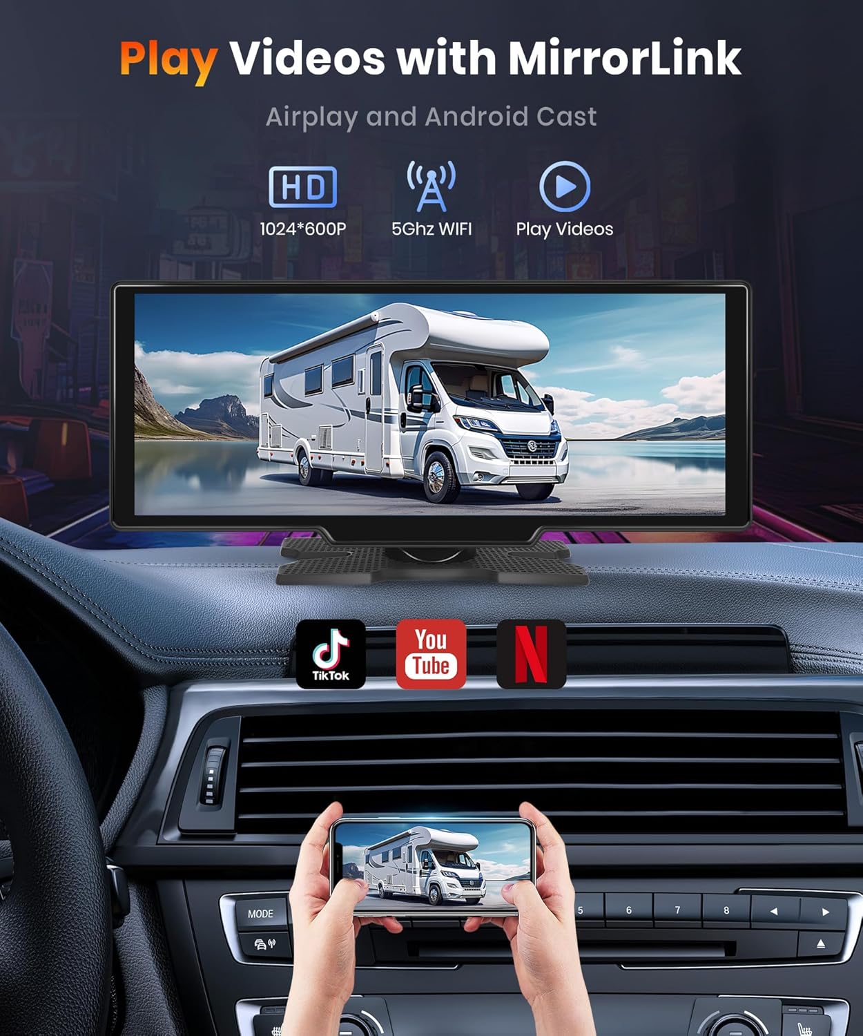 NOEIFEVO 10,26 inch Carplay scherm voor auto's met draadloze Carplay, Android Auto, MirrorLink, 1080P IPS touchscreen, draagbare radio, ondersteunt Bluetooth/spraakbesturing met handsfree/GPS/Siri/FM-uitzending/Aux/TF-kaart.