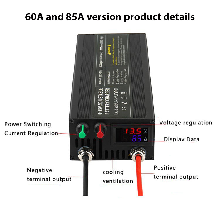 NOEIFEVO טווח מתח וזרם מתכוונן 0-15V 1-60A /85A מטען סוללות, תואם לסוללות 3.7V 6V 12V ליתיום, LiFePO4 וחומצת עופרת