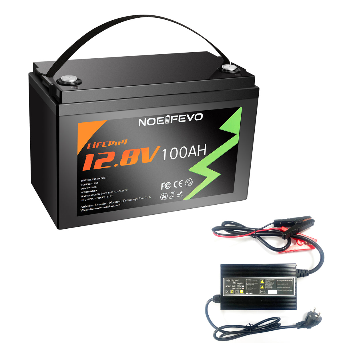 NOEIFEVO 12.8V 100Ah LiFePO4 Lithium Battery, 1280Wh Lithium Battery with 100A BMS, 4000+ charge cycles, with 14.6V 20A charger, perfect as power source for motorhome, boat.