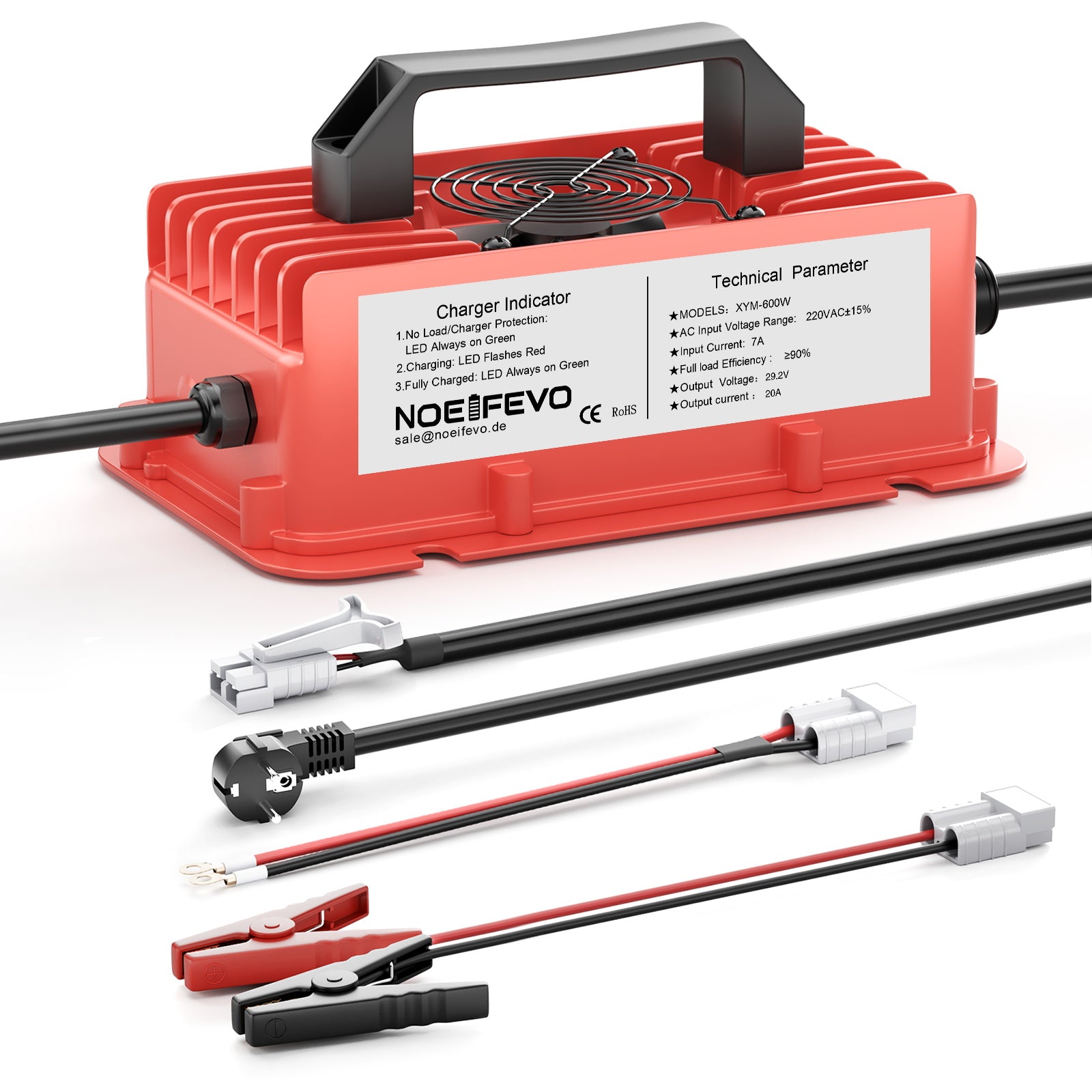 NOEIFEVO 29,2 V 20 A Vodotesná LiFePO4 nabíjačka batérií pre 25,6 V (24 V) 8S lítiovú batériu, 0 V BMS aktivácia, s plnou ochranou
​
