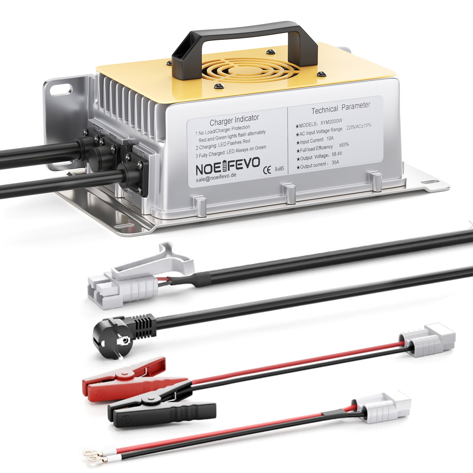 NOEIFEVO 58.4V 30A LiFePO4 nabíječka pro 51.2V(48V) 16S LiFePO4 baterie, vodotěsná, 0V BMS Enabled