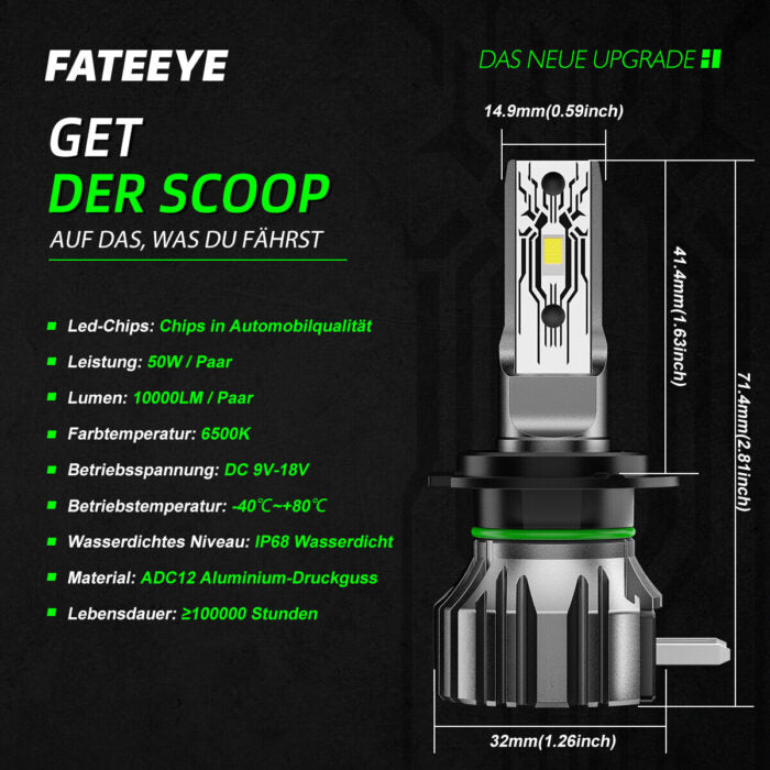 FATEEYE H7 LED Scheinwerfer Kit 10000LM 50W Fern/Abblendlicht 6500K Weiß Halogen(2Stück)