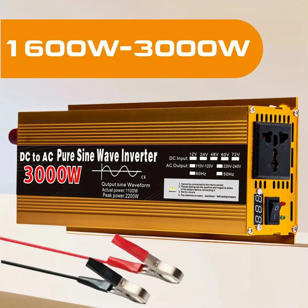 Inverter 12 V til 220 V, ren sinusform, 1600W 2200W 3000W, inverter, EU-opladningsstik med LED-display