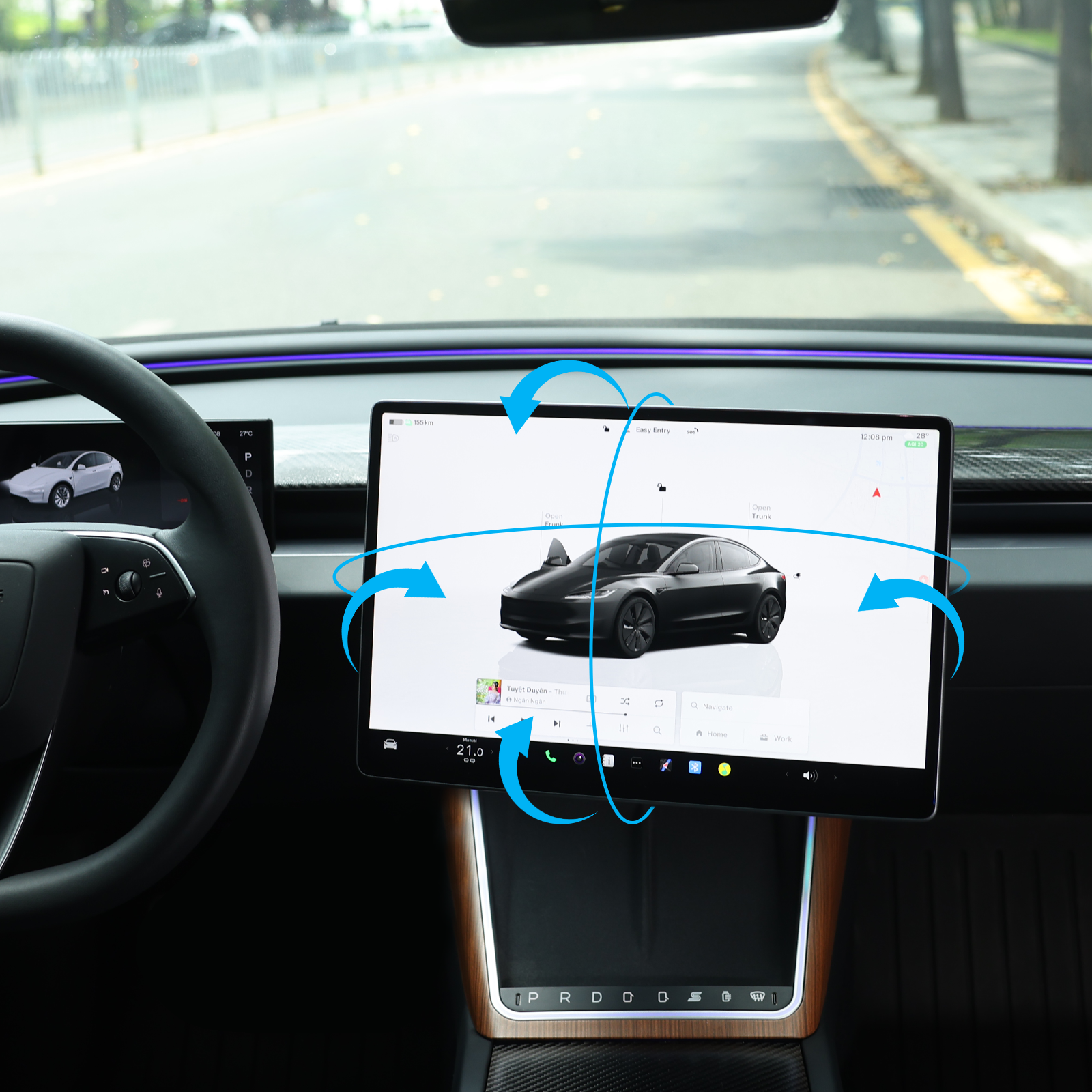 Tesla skærmholder 2.0 til Model 3/Y – 4-vejs drejelig (40°), aluminium CNC, skærmhøjde forbliver uændret, ingen rysten, anti-blænding