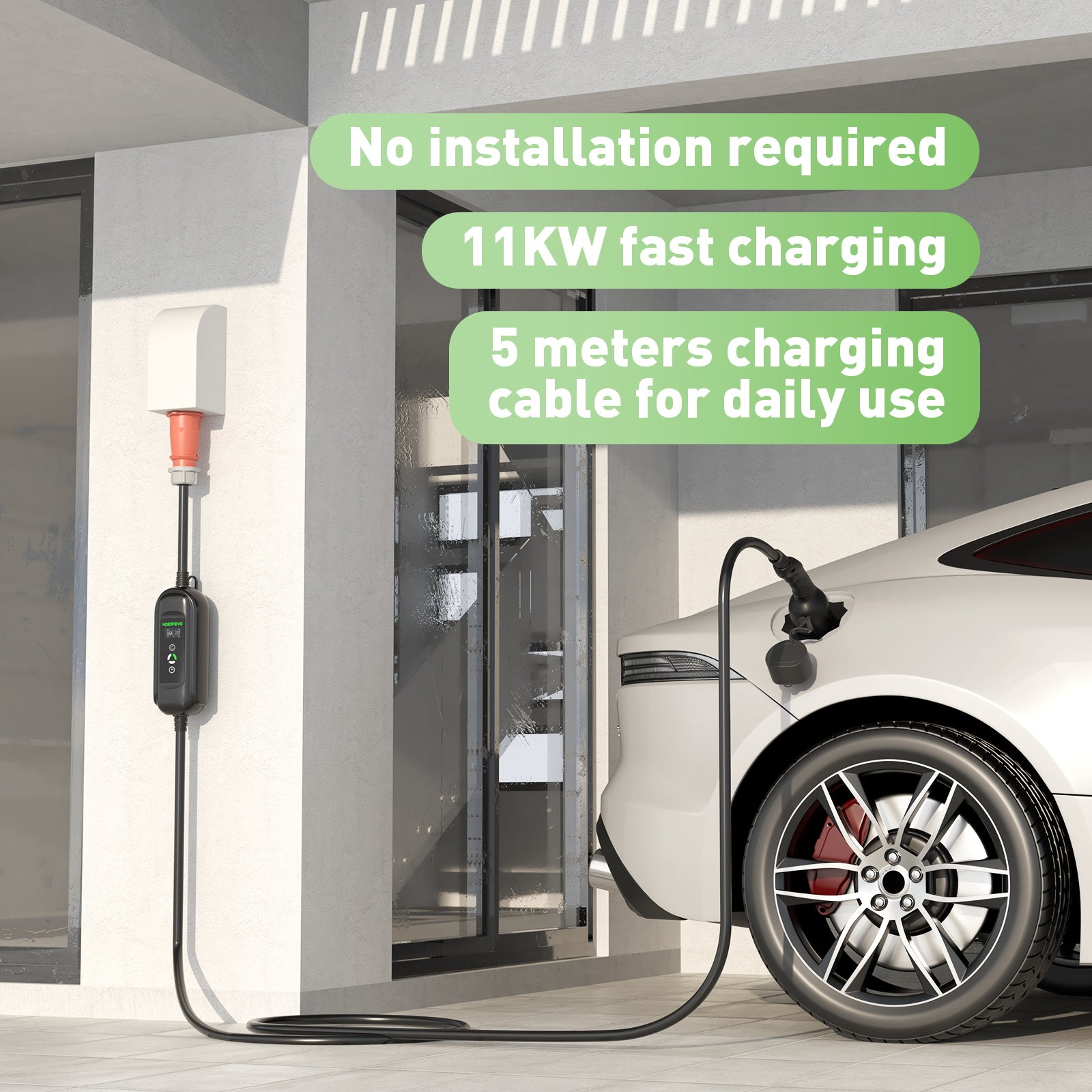 11KW EV-laddningsstation, 16A 3 fas typ 2 mobil laddare för elfordon, CEE 16A-kontakt, 5 meter kabel EVSE Wallbox